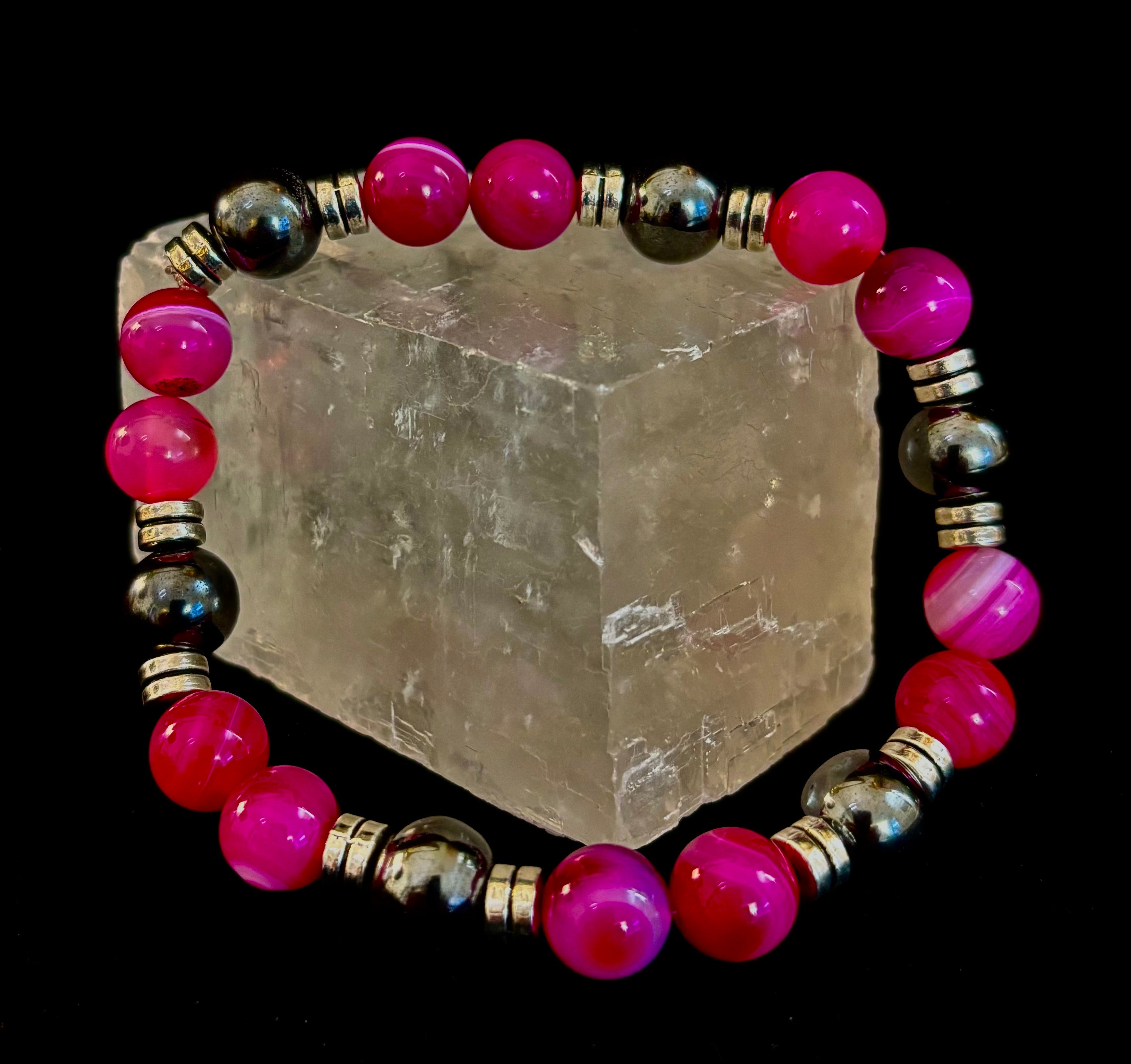Pink Striped Agate & Hematite Energy Bracelet – Handmade Mexican Natural Stone Bracelet for XL Wrists | | Wiccan Center