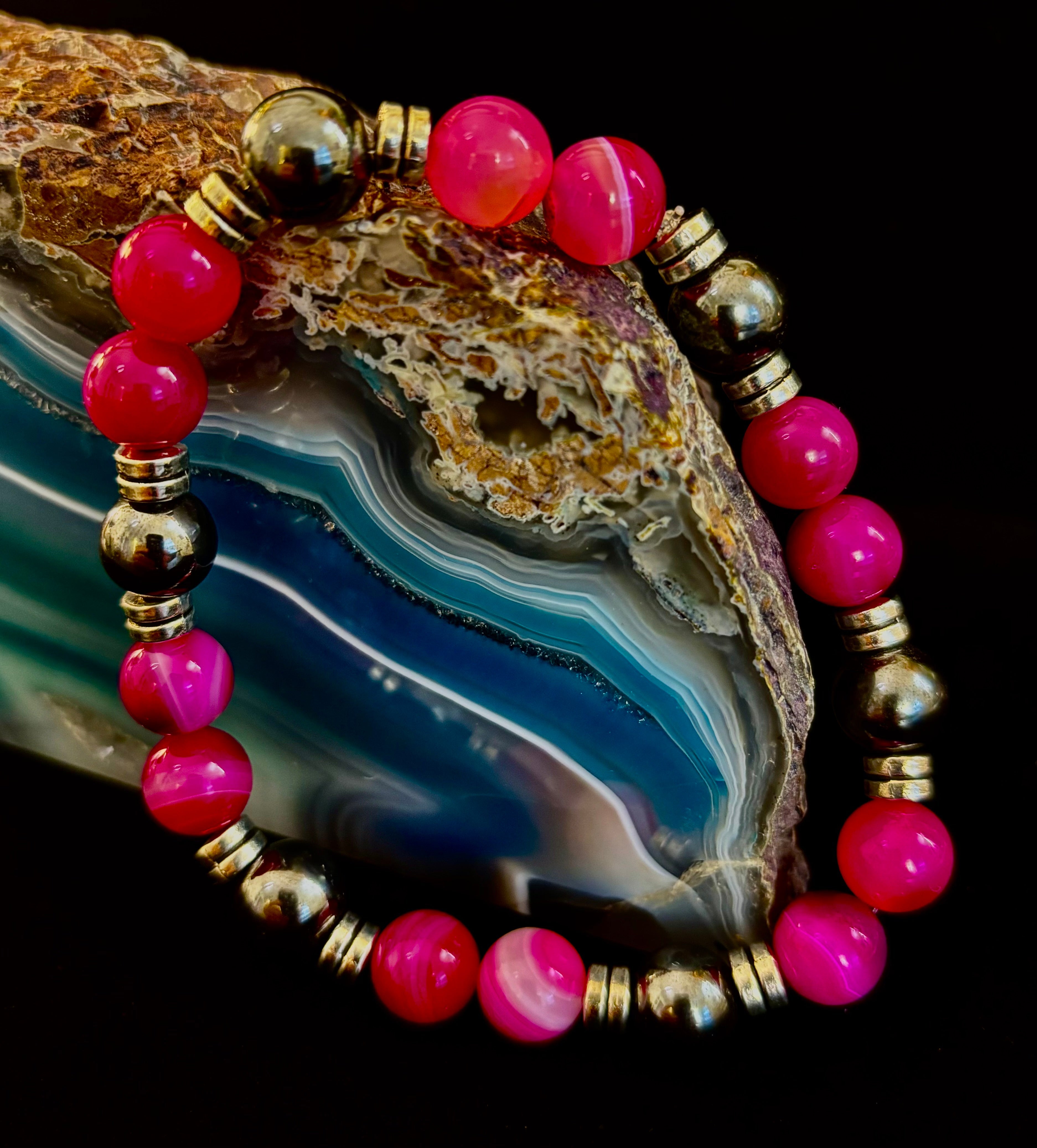 Pink Striped Agate & Hematite Energy Bracelet – Handmade Mexican Natural Stone Bracelet for XL Wrists | | Wiccan Center