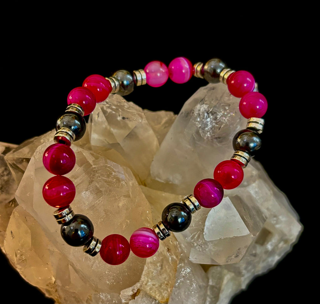 Pink Striped Agate & Hematite Energy Bracelet – Handmade Mexican Natural Stone Bracelet for XL Wrists | | Wiccan Center