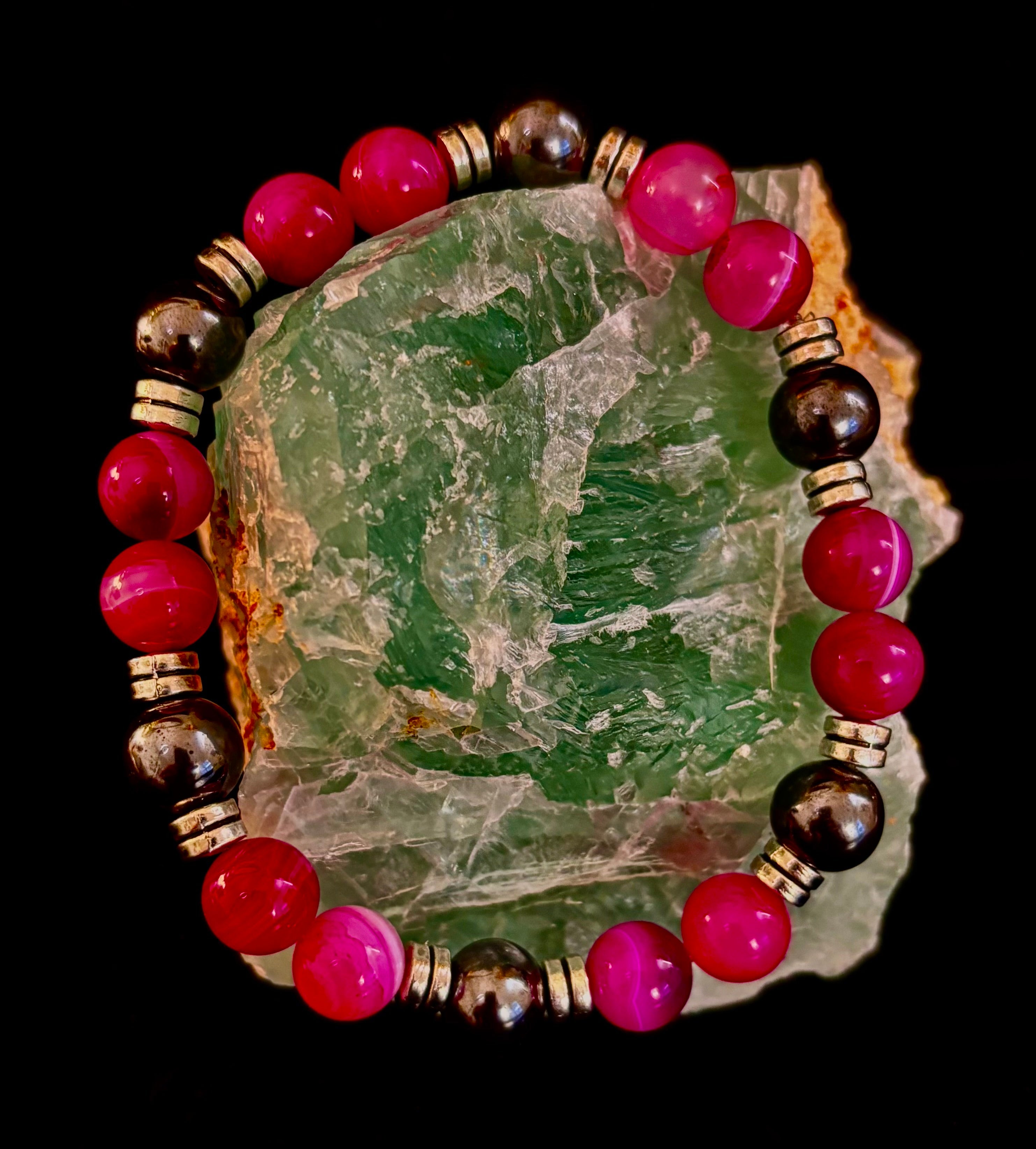 Pink Striped Agate & Hematite Energy Bracelet – Handmade Mexican Natural Stone Bracelet for XL Wrists | | Wiccan Center