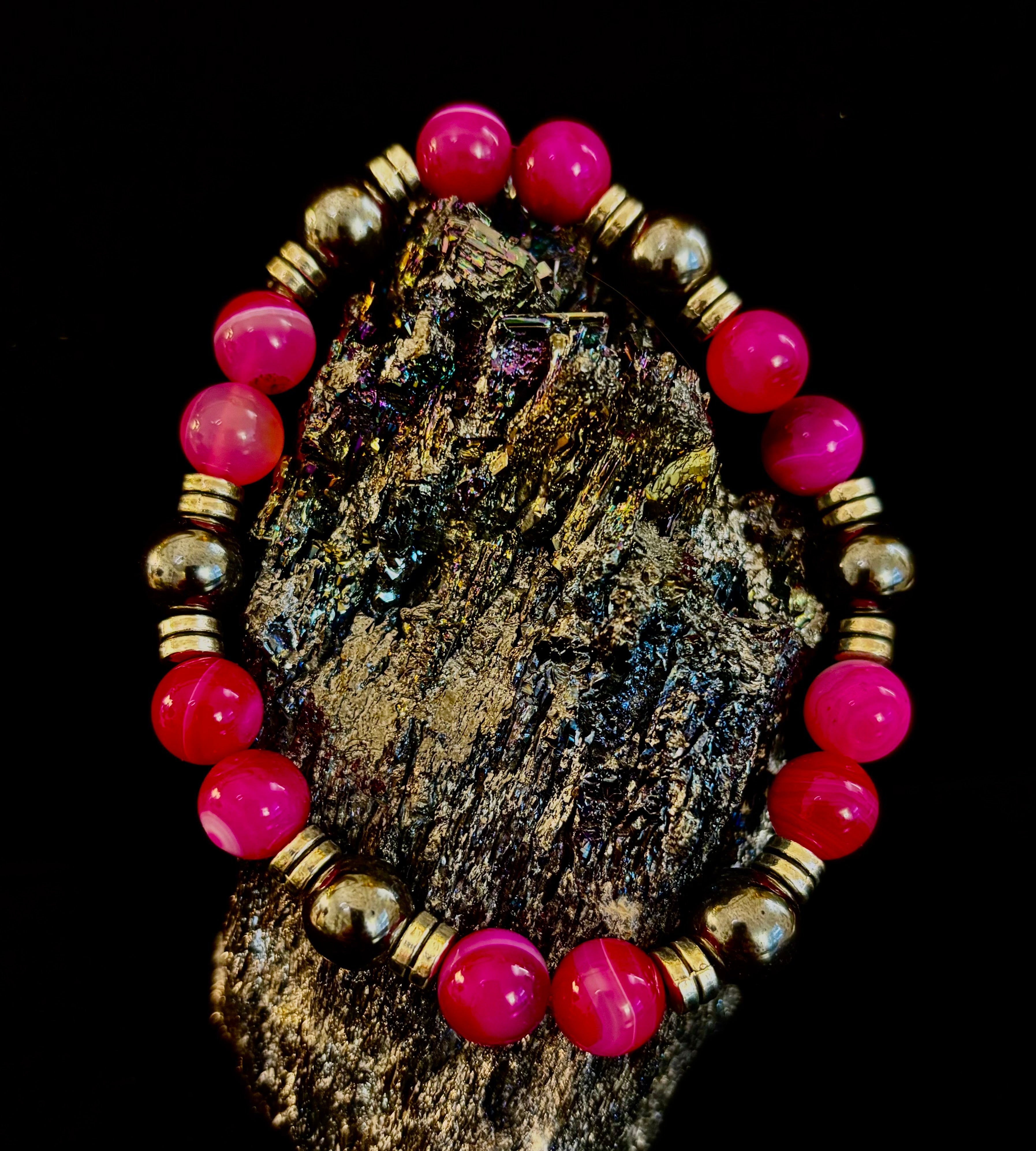 Pink Striped Agate & Hematite Energy Bracelet – Handmade Mexican Natural Stone Bracelet for XL Wrists | | Wiccan Center