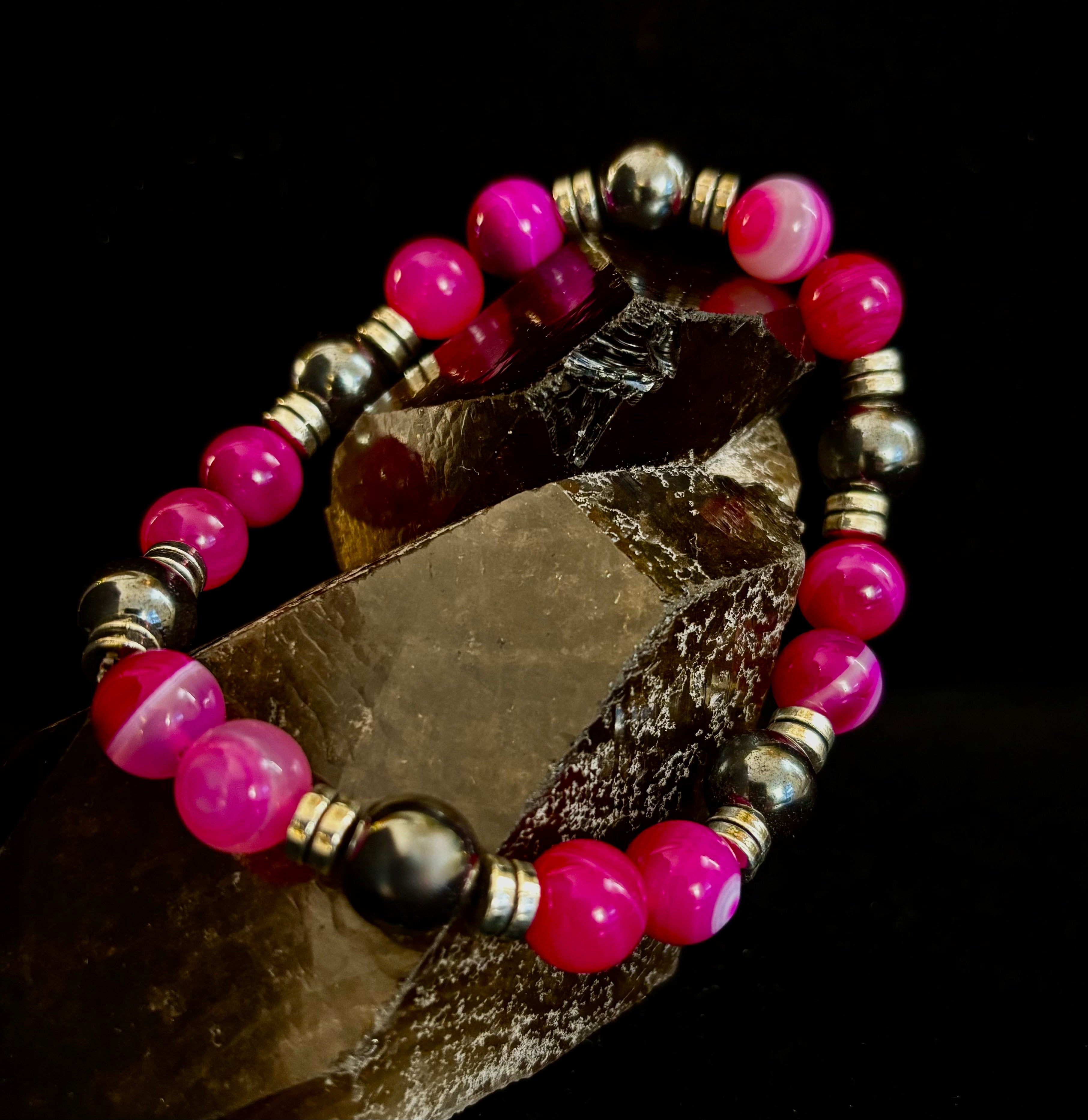 Pink Striped Agate & Hematite Energy Bracelet – Handmade Mexican Natural Stone Bracelet for XL Wrists | | Wiccan Center