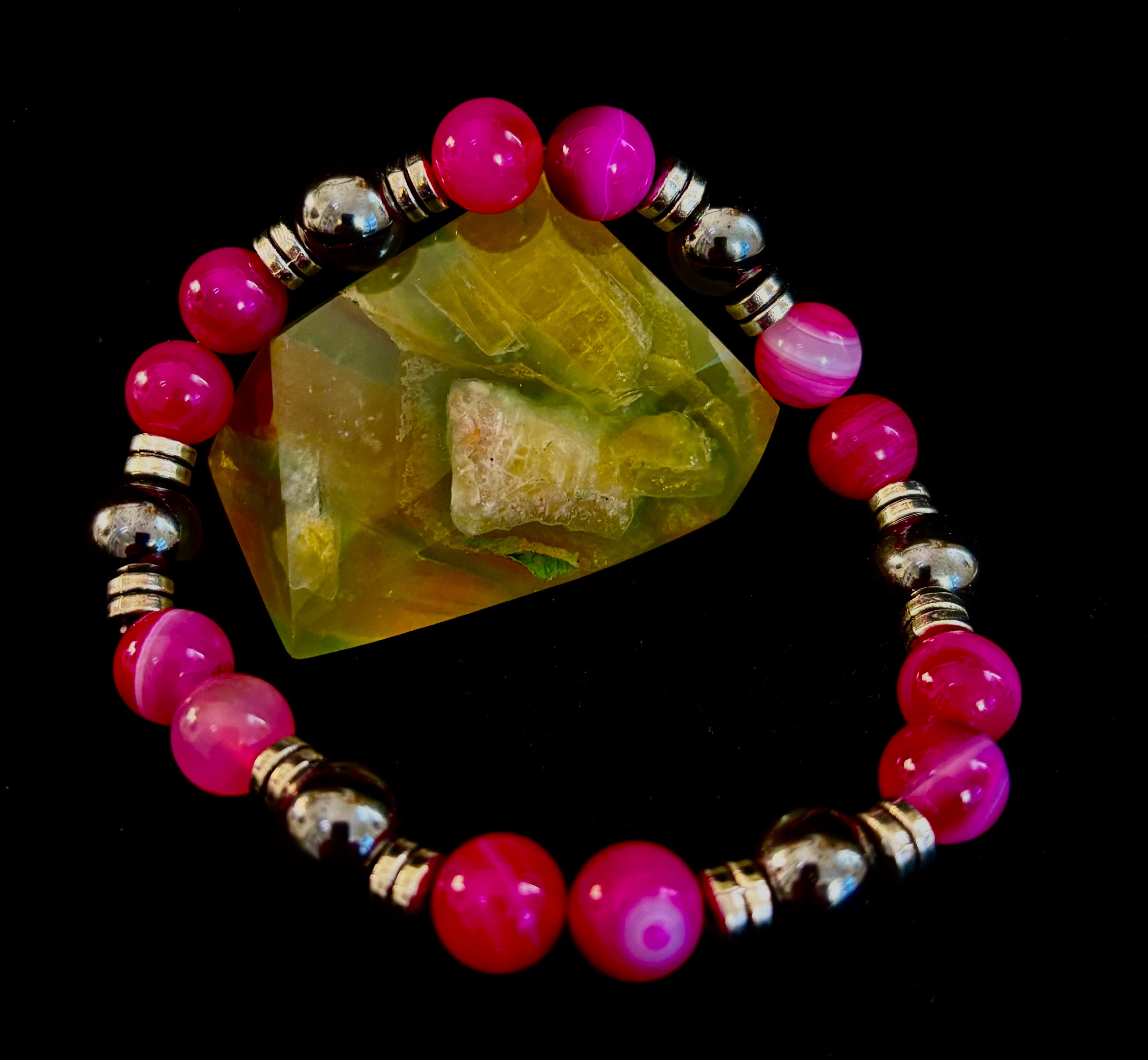 Pink Striped Agate & Hematite Energy Bracelet – Handmade Mexican Natural Stone Bracelet for XL Wrists | | Wiccan Center