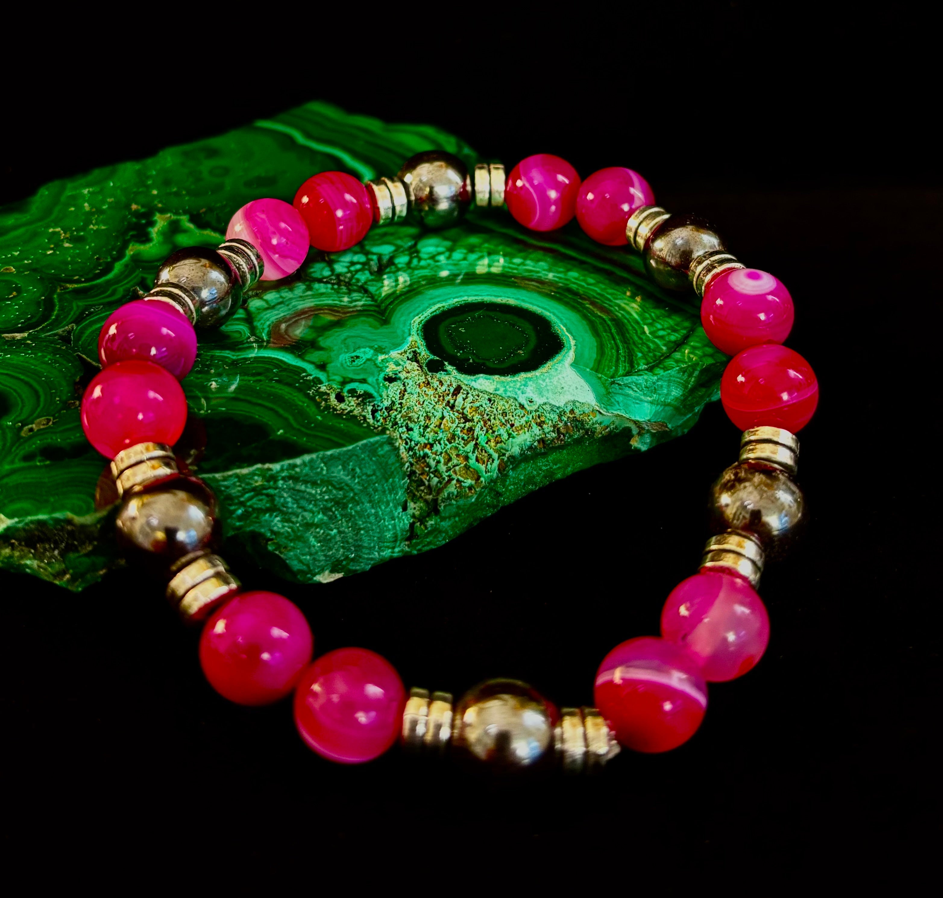 Pink Striped Agate & Hematite Energy Bracelet – Handmade Mexican Natural Stone Bracelet for XL Wrists | | Wiccan Center