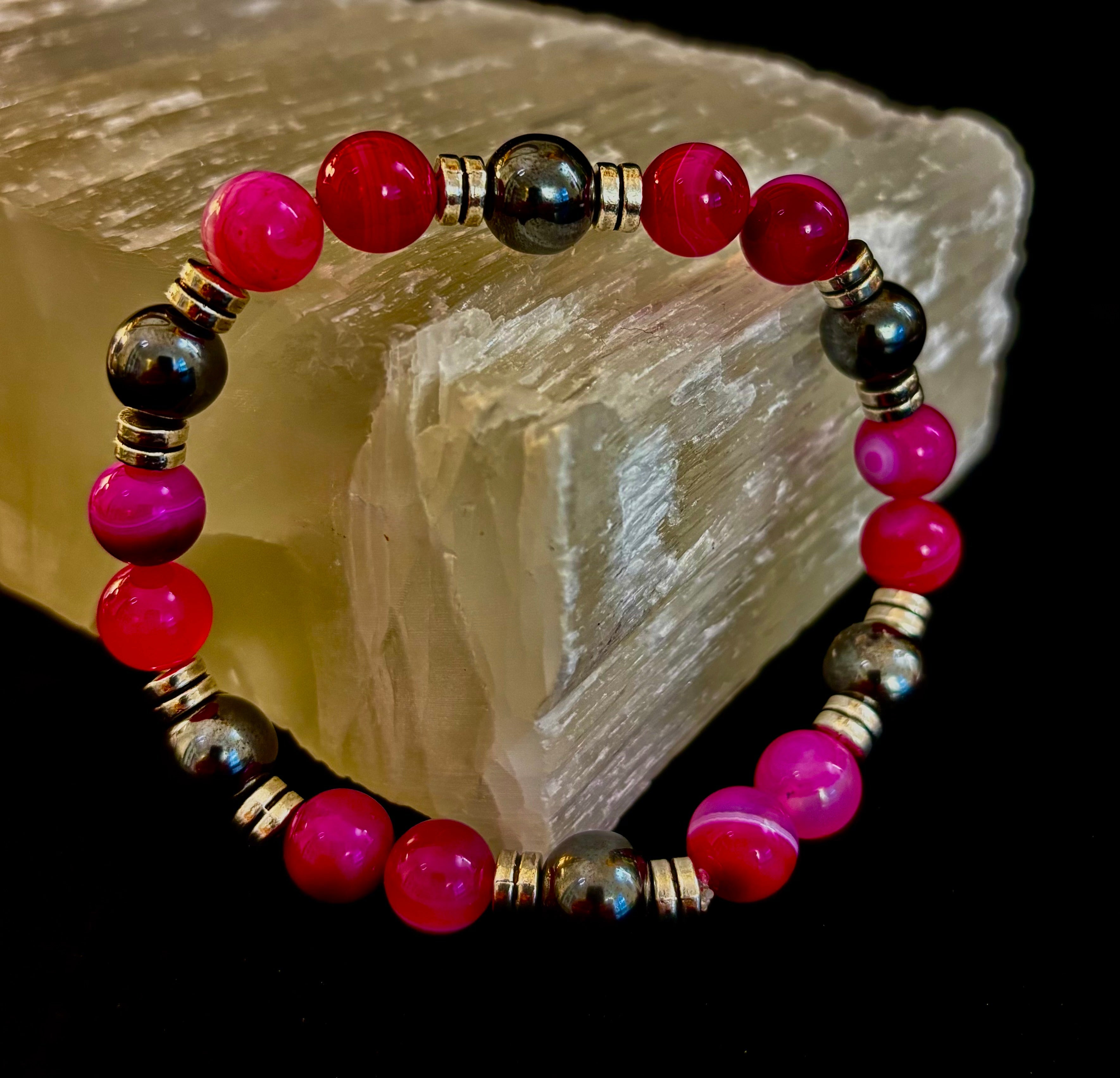 Pink Striped Agate & Hematite Energy Bracelet – Handmade Mexican Natural Stone Bracelet for XL Wrists | | Wiccan Center