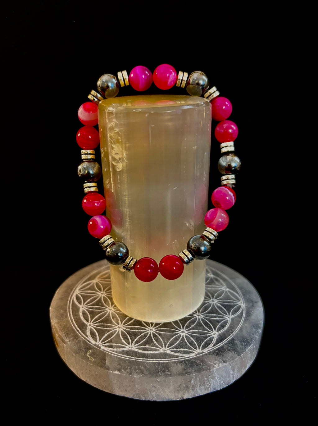 Pink Striped Agate & Hematite Energy Bracelet – Handmade Mexican Natural Stone Bracelet for XL Wrists | | Wiccan Center