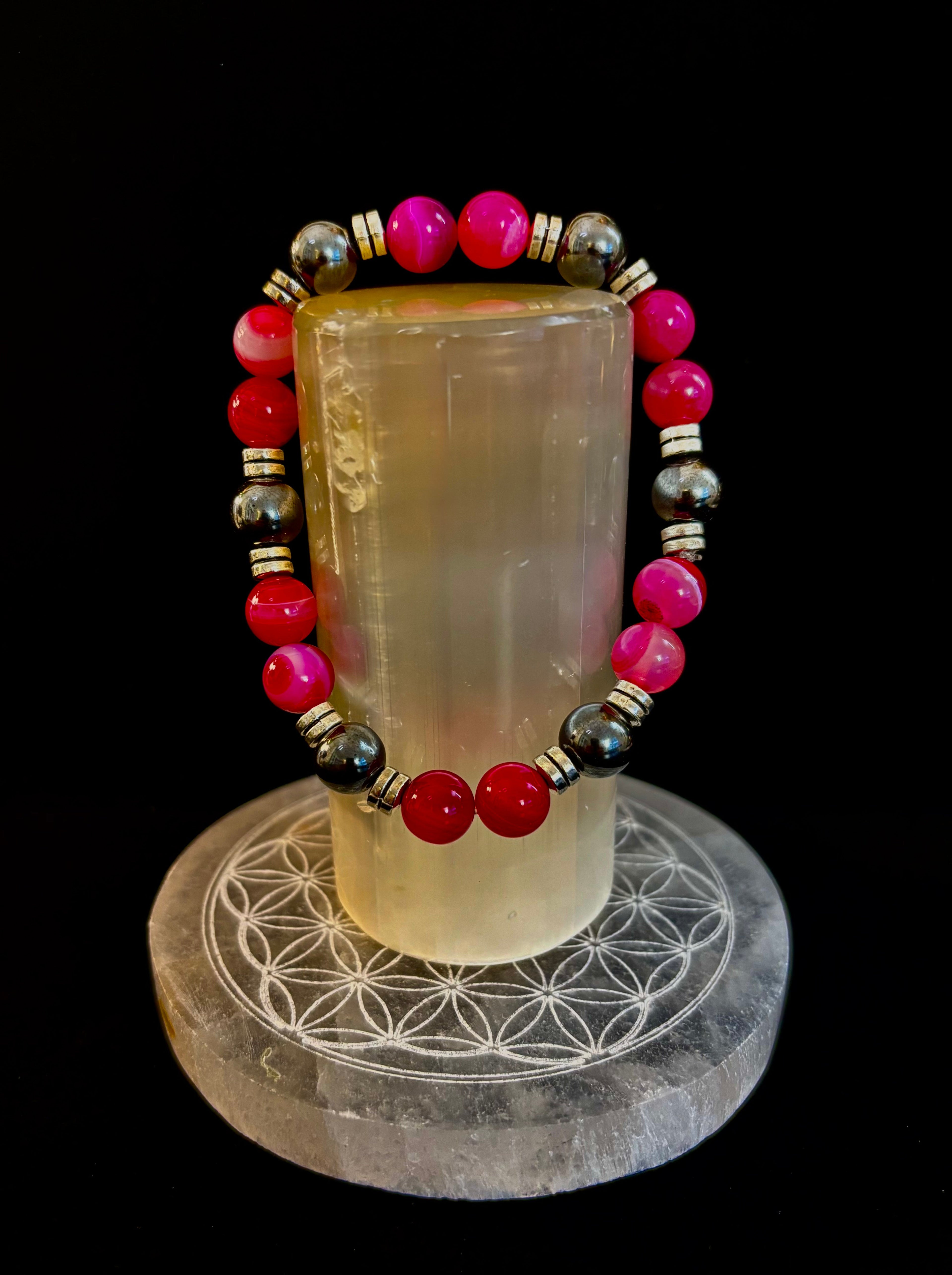 Pink Striped Agate & Hematite Energy Bracelet – Handmade Mexican Natural Stone Bracelet for XL Wrists | | Wiccan Center