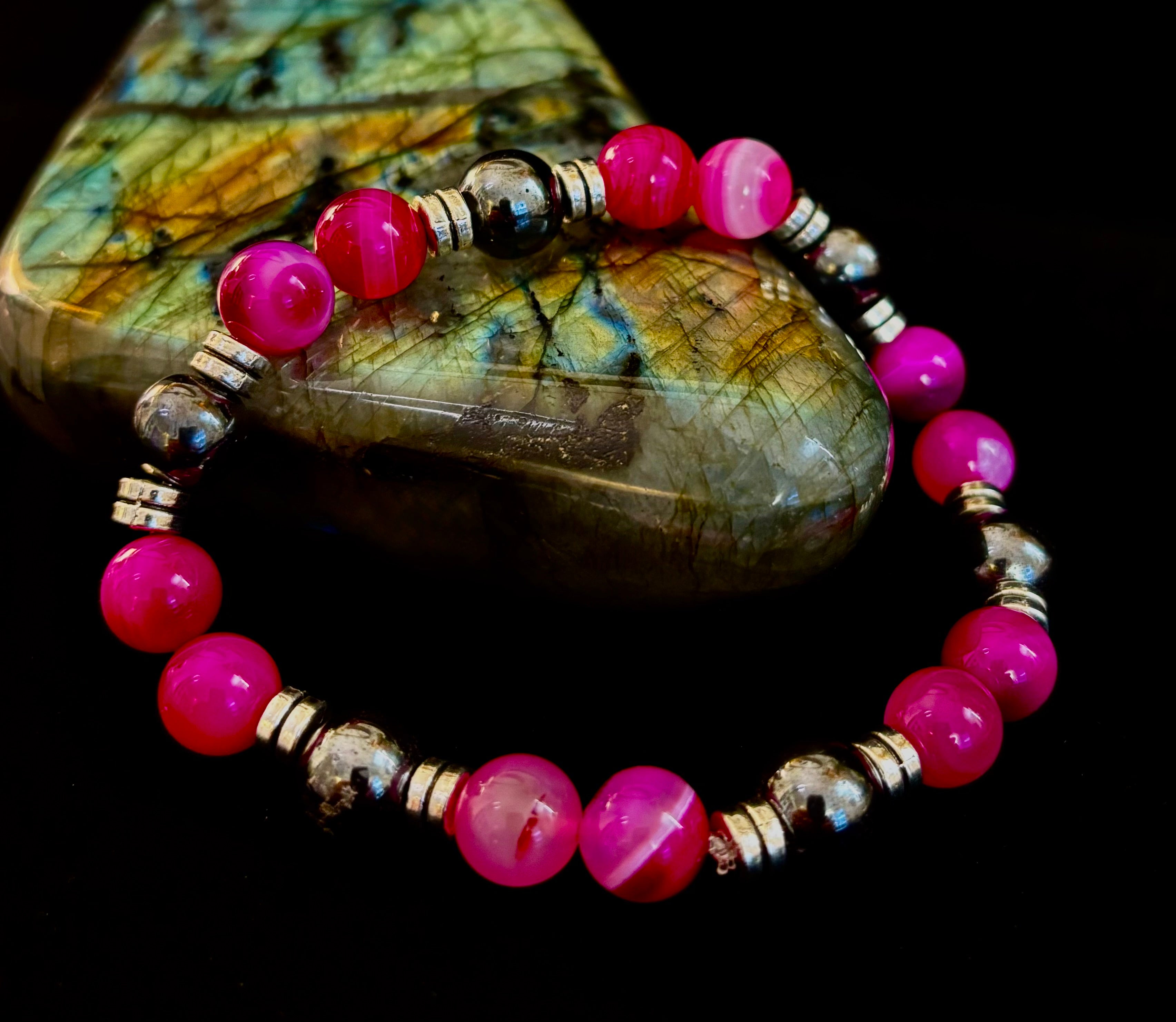 Pink Striped Agate & Hematite Energy Bracelet – Handmade Mexican Natural Stone Bracelet for XL Wrists | | Wiccan Center