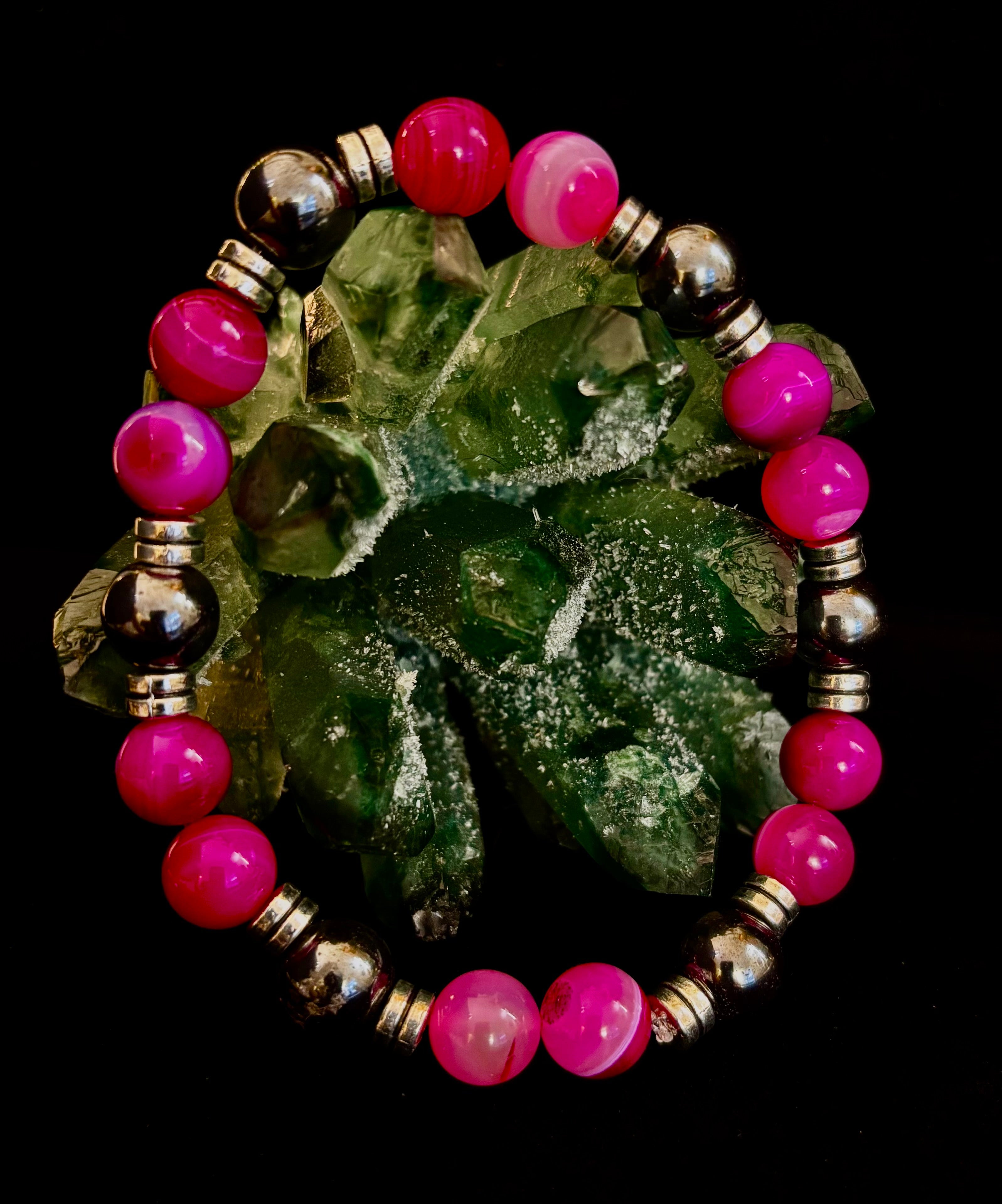 Pink Striped Agate & Hematite Energy Bracelet – Handmade Mexican Natural Stone Bracelet for XL Wrists | | Wiccan Center