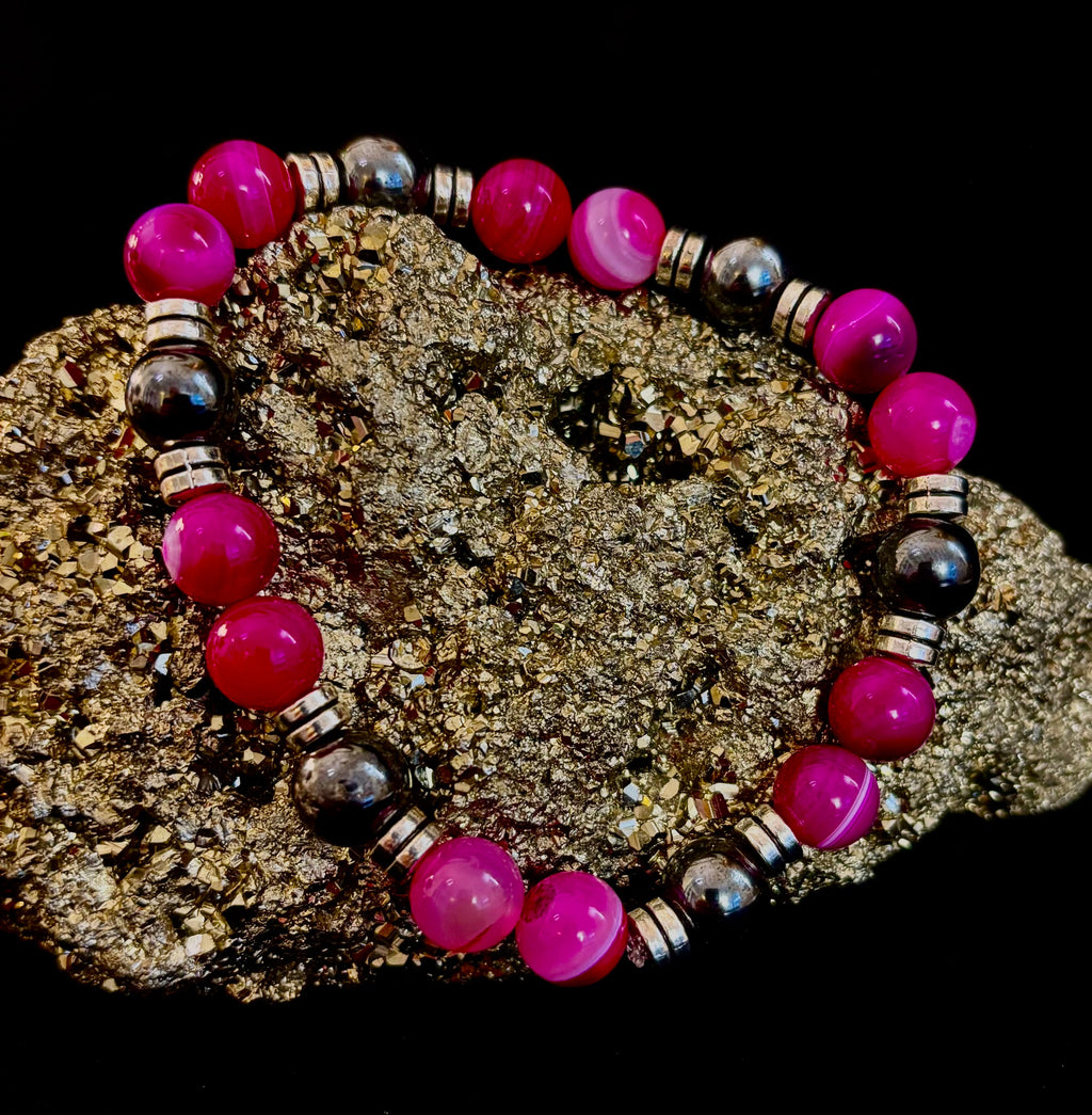 Pink Striped Agate & Hematite Energy Bracelet – Handmade Mexican Natural Stone Bracelet for XL Wrists | | Wiccan Center