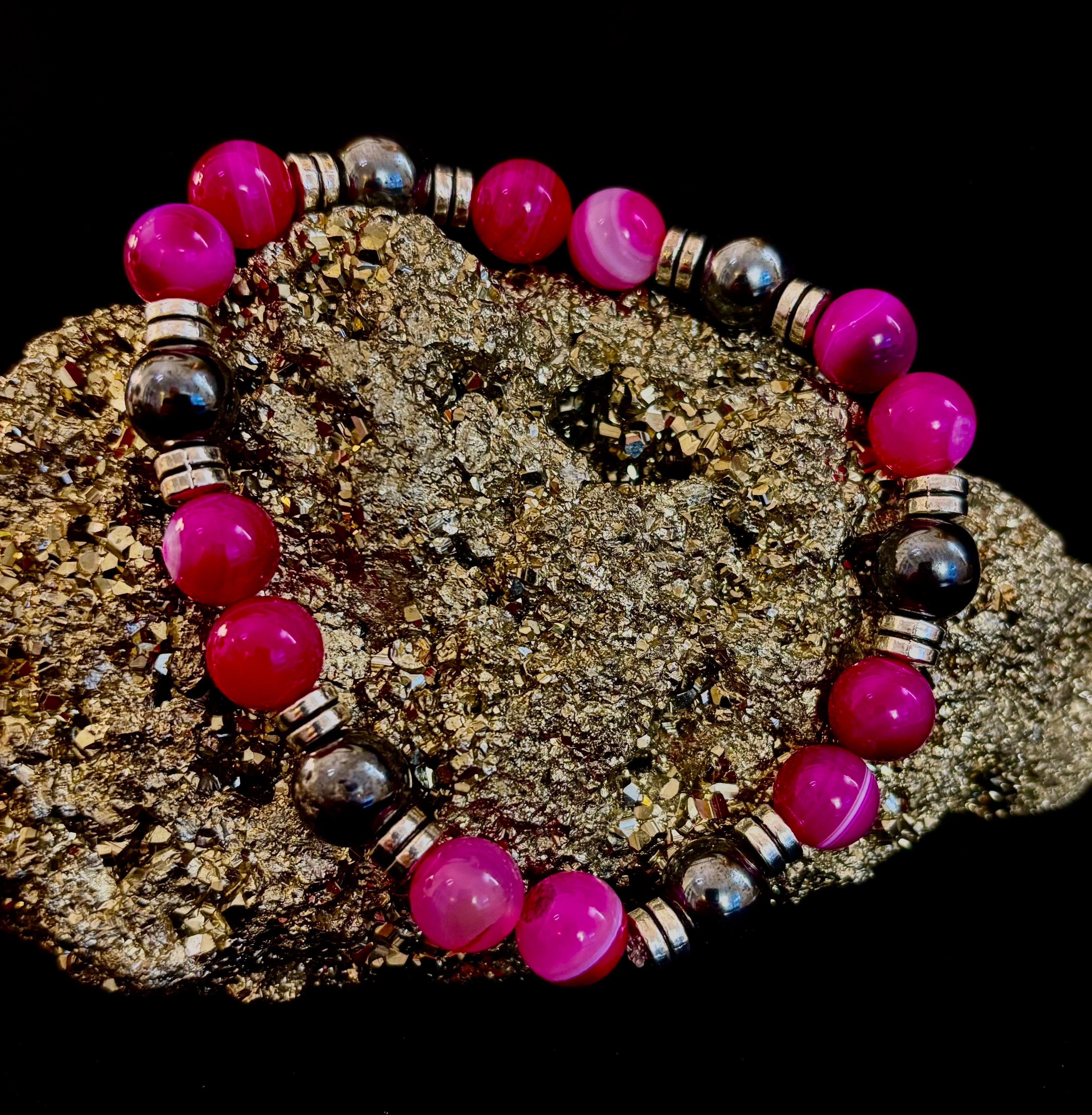 Pink Striped Agate & Hematite Energy Bracelet – Handmade Mexican Natural Stone Bracelet for XL Wrists | | Wiccan Center