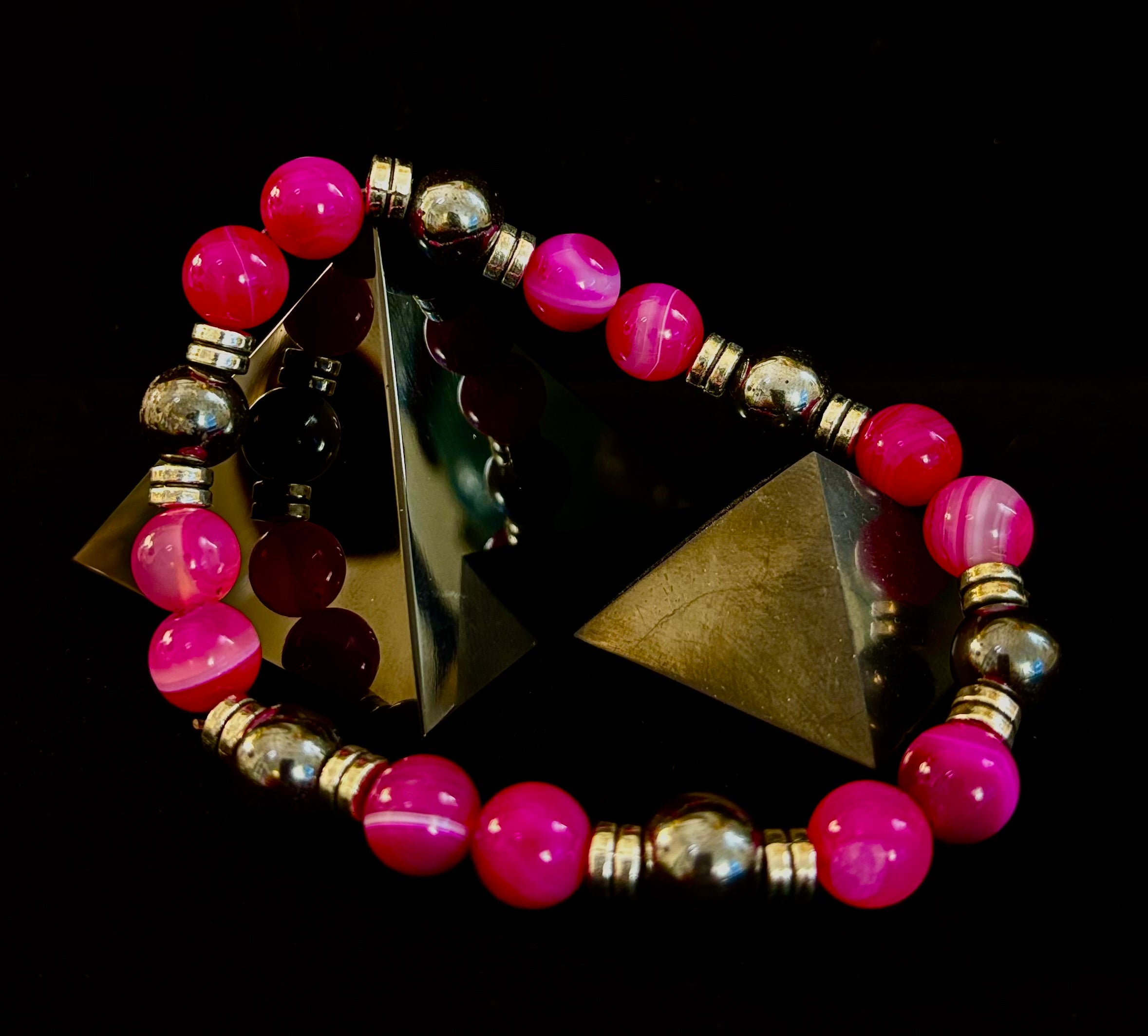 Pink Striped Agate & Hematite Energy Bracelet – Handmade Mexican Natural Stone Bracelet for XL Wrists | | Wiccan Center