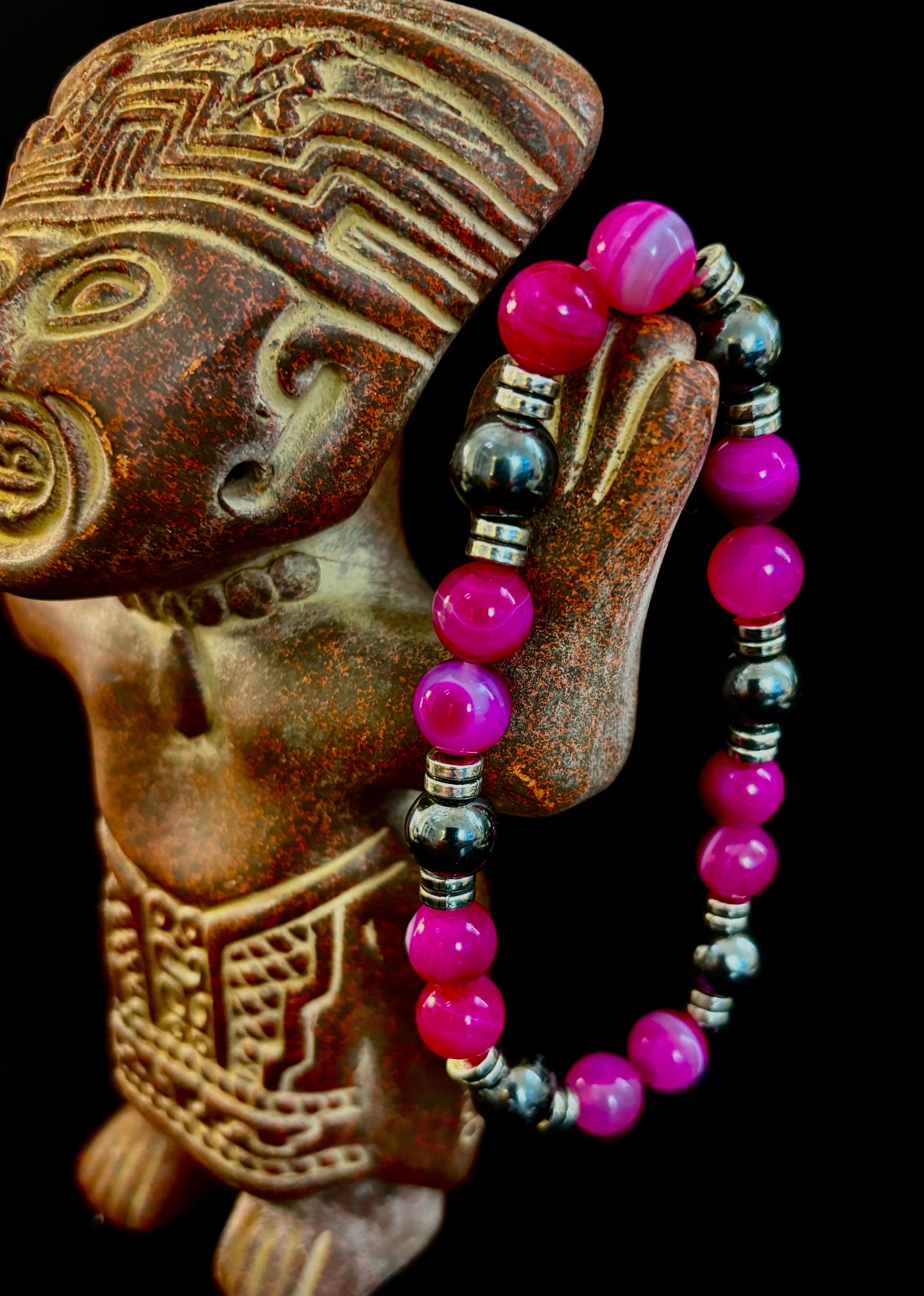 Pink Striped Agate & Hematite Energy Bracelet – Handmade Mexican Natural Stone Bracelet for XL Wrists | | Wiccan Center