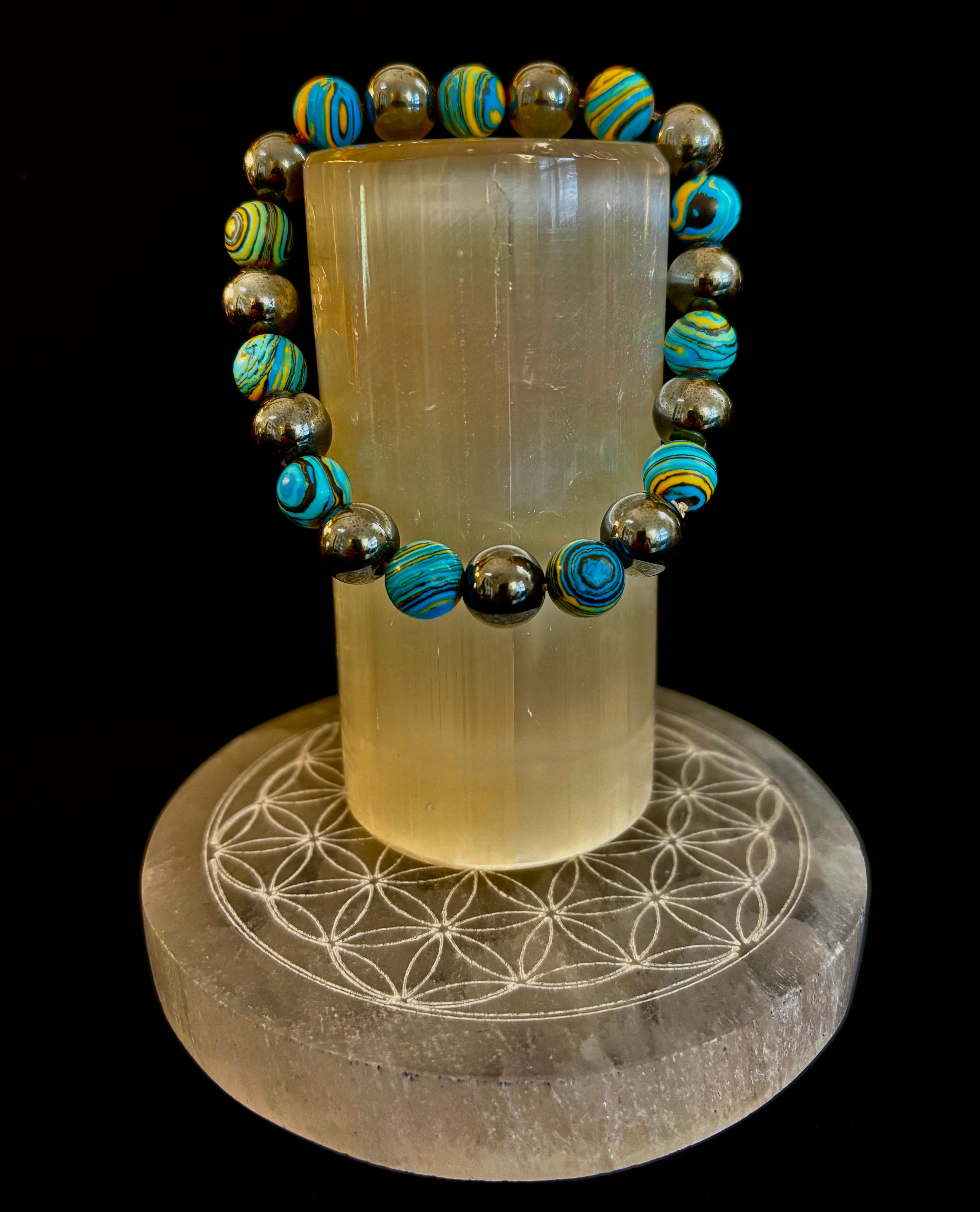 Blue Peacock Malachite Stone Bracelet – XL Hematite Stretch Bracelet for Large Wrists | | Wiccan Center
