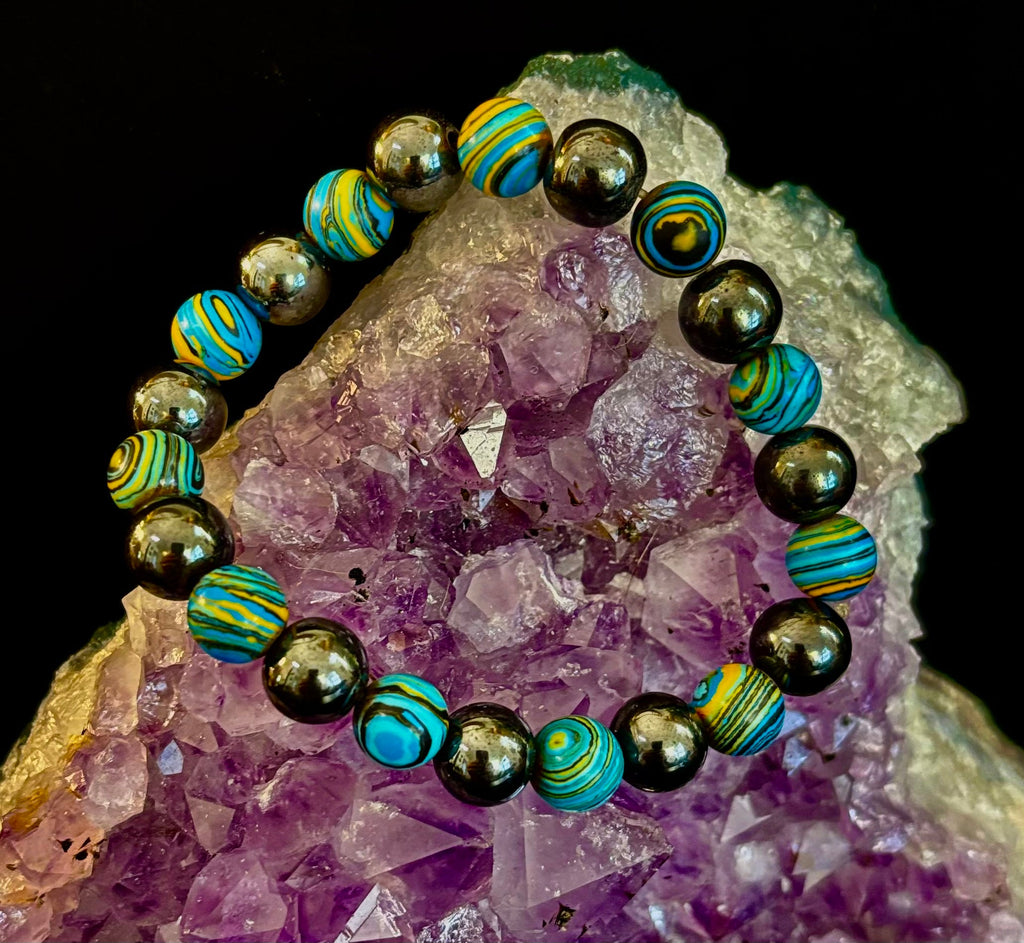 Blue Peacock Malachite Stone Bracelet – XL Hematite Stretch Bracelet for Large Wrists | | Wiccan Center