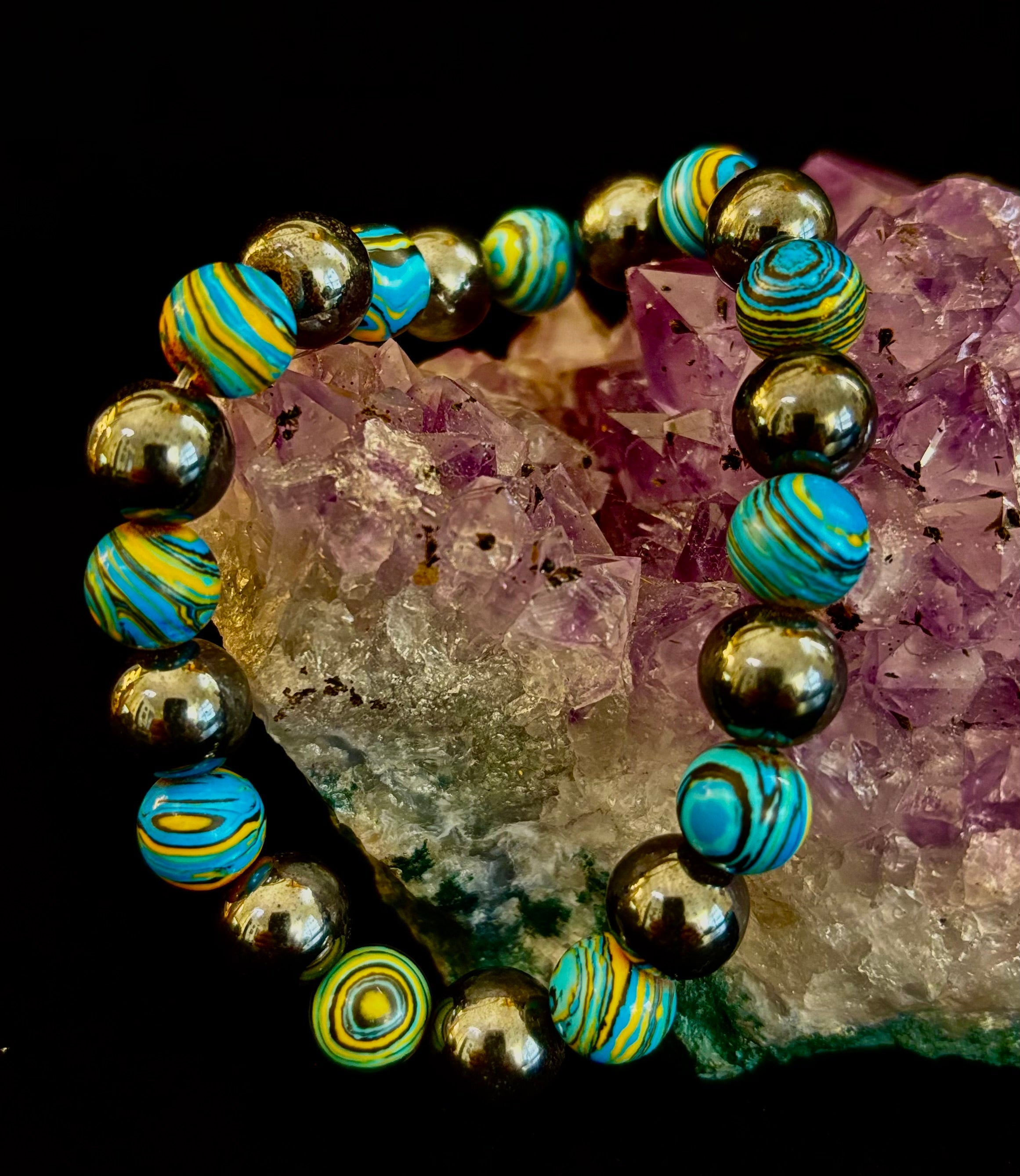 Blue Peacock Malachite Stone Bracelet – XL Hematite Stretch Bracelet for Large Wrists | | Wiccan Center