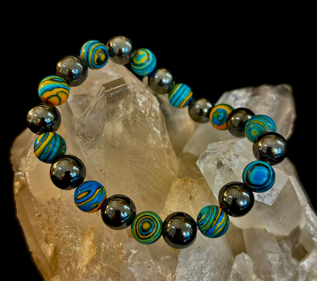 Blue Peacock Malachite Stone Bracelet – XL Hematite Stretch Bracelet for Large Wrists | | Wiccan Center