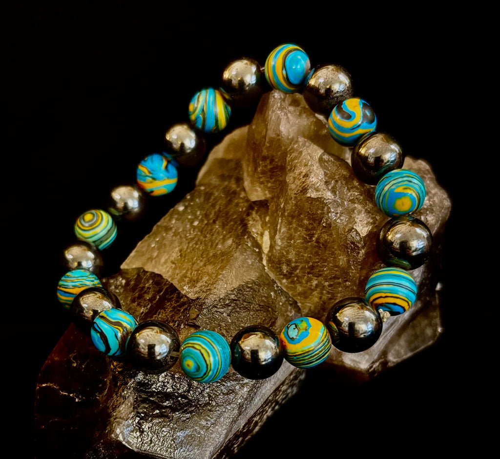 Blue Peacock Malachite Stone Bracelet – XL Hematite Stretch Bracelet for Large Wrists | | Wiccan Center