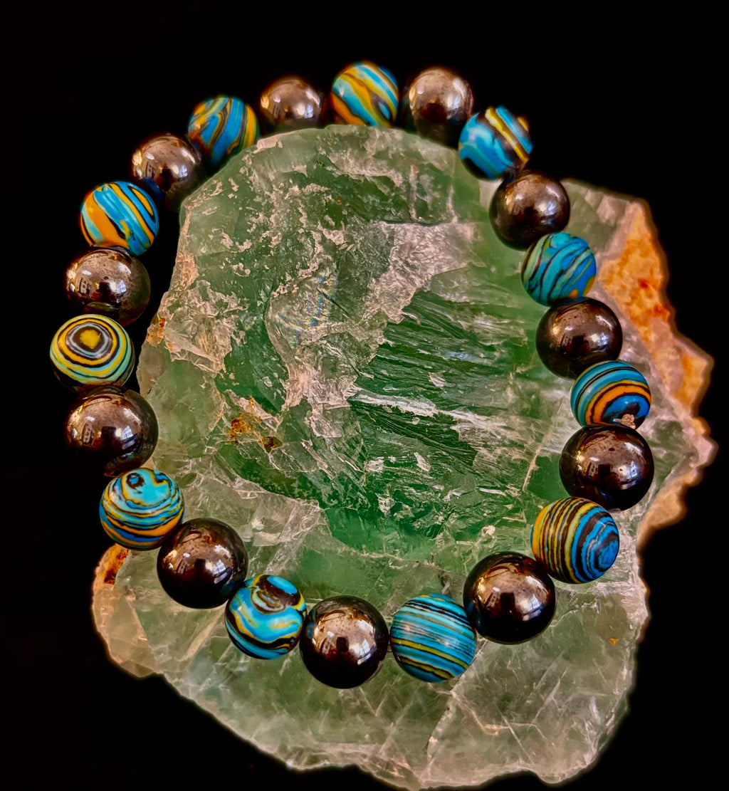 Blue Peacock Malachite Stone Bracelet – XL Hematite Stretch Bracelet for Large Wrists | | Wiccan Center