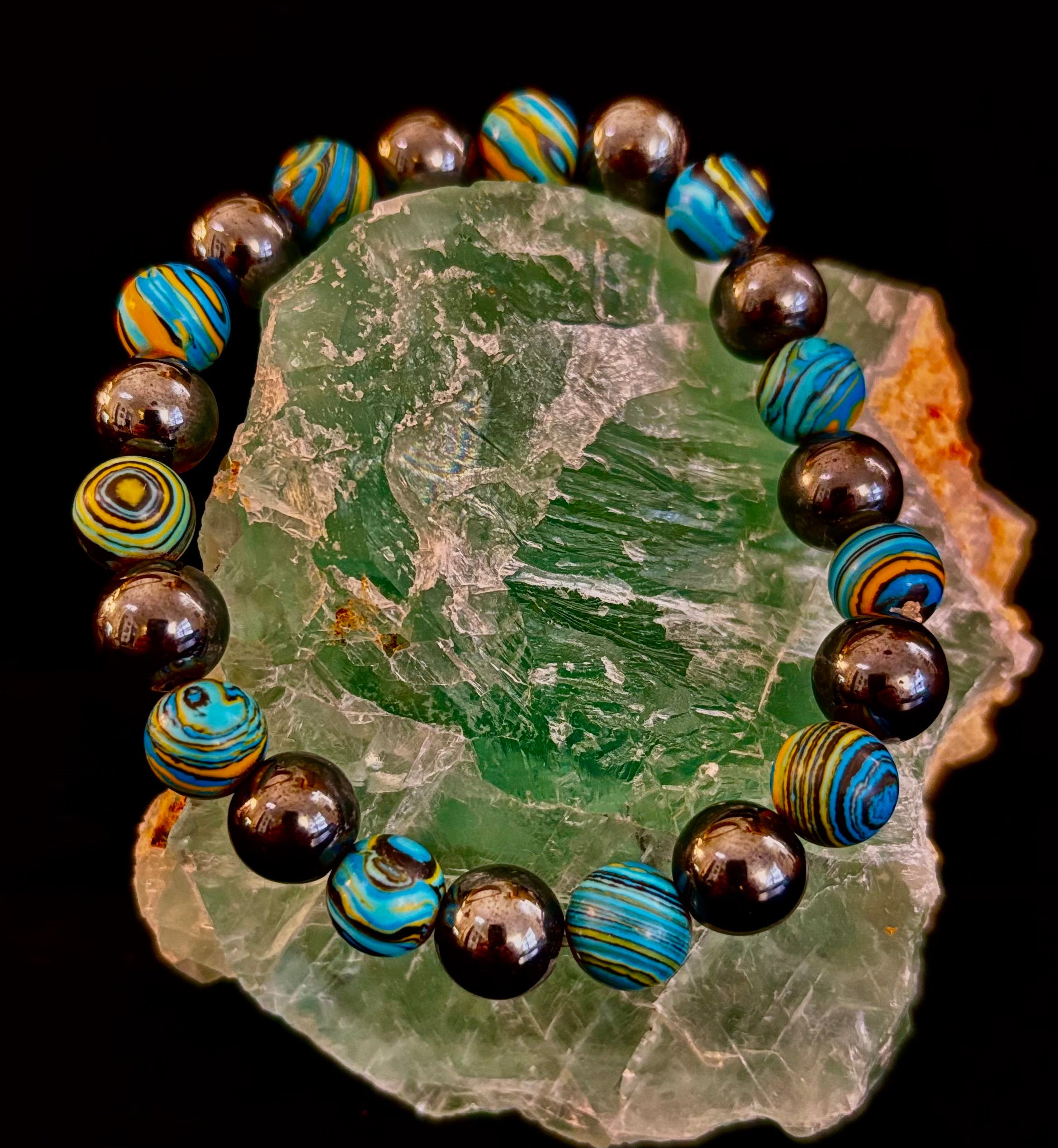 Blue Peacock Malachite Stone Bracelet – XL Hematite Stretch Bracelet for Large Wrists | | Wiccan Center