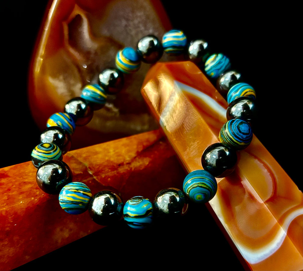 Blue Peacock Malachite Stone Bracelet – XL Hematite Stretch Bracelet for Large Wrists | | Wiccan Center