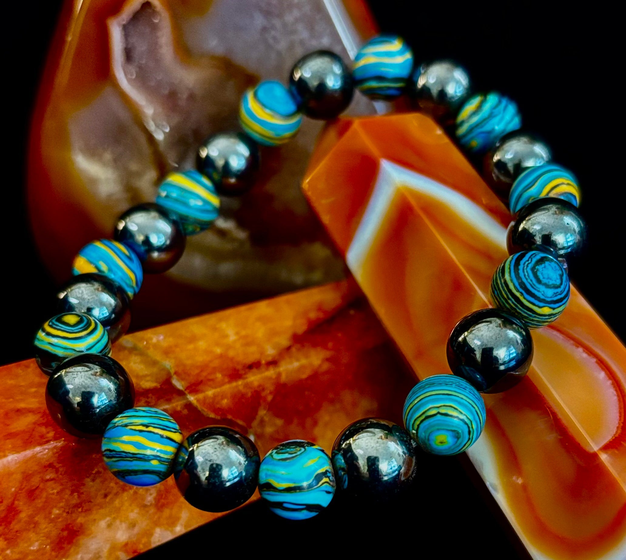 Blue Peacock Malachite Stone Bracelet – XL Hematite Stretch Bracelet for Large Wrists | | Wiccan Center