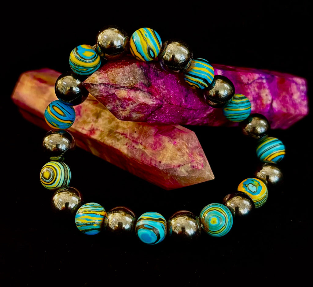 Blue Peacock Malachite Stone Bracelet – XL Hematite Stretch Bracelet for Large Wrists | | Wiccan Center