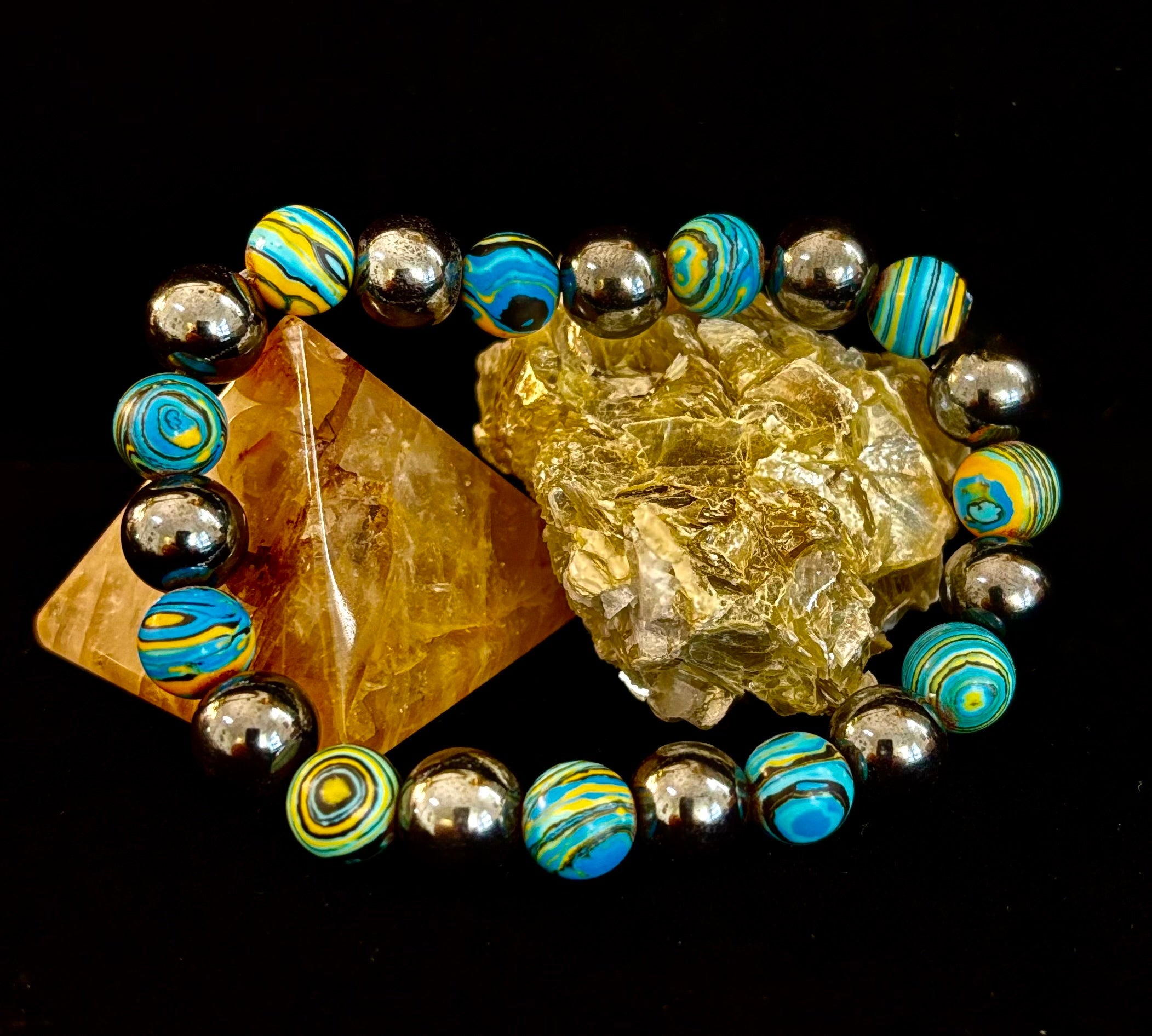 Blue Peacock Malachite Stone Bracelet – XL Hematite Stretch Bracelet for Large Wrists | | Wiccan Center