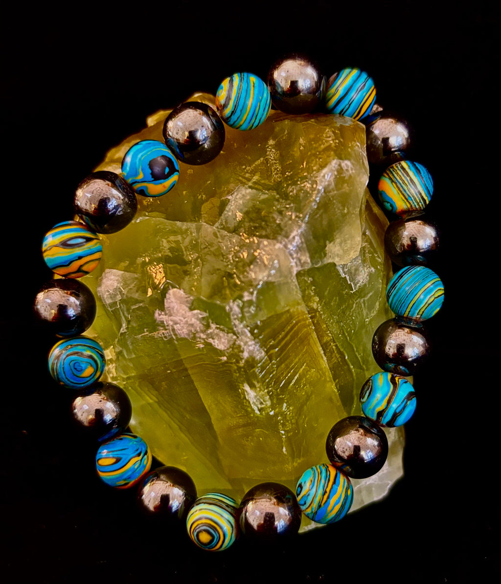 Blue Peacock Malachite Stone Bracelet – XL Hematite Stretch Bracelet for Large Wrists | | Wiccan Center