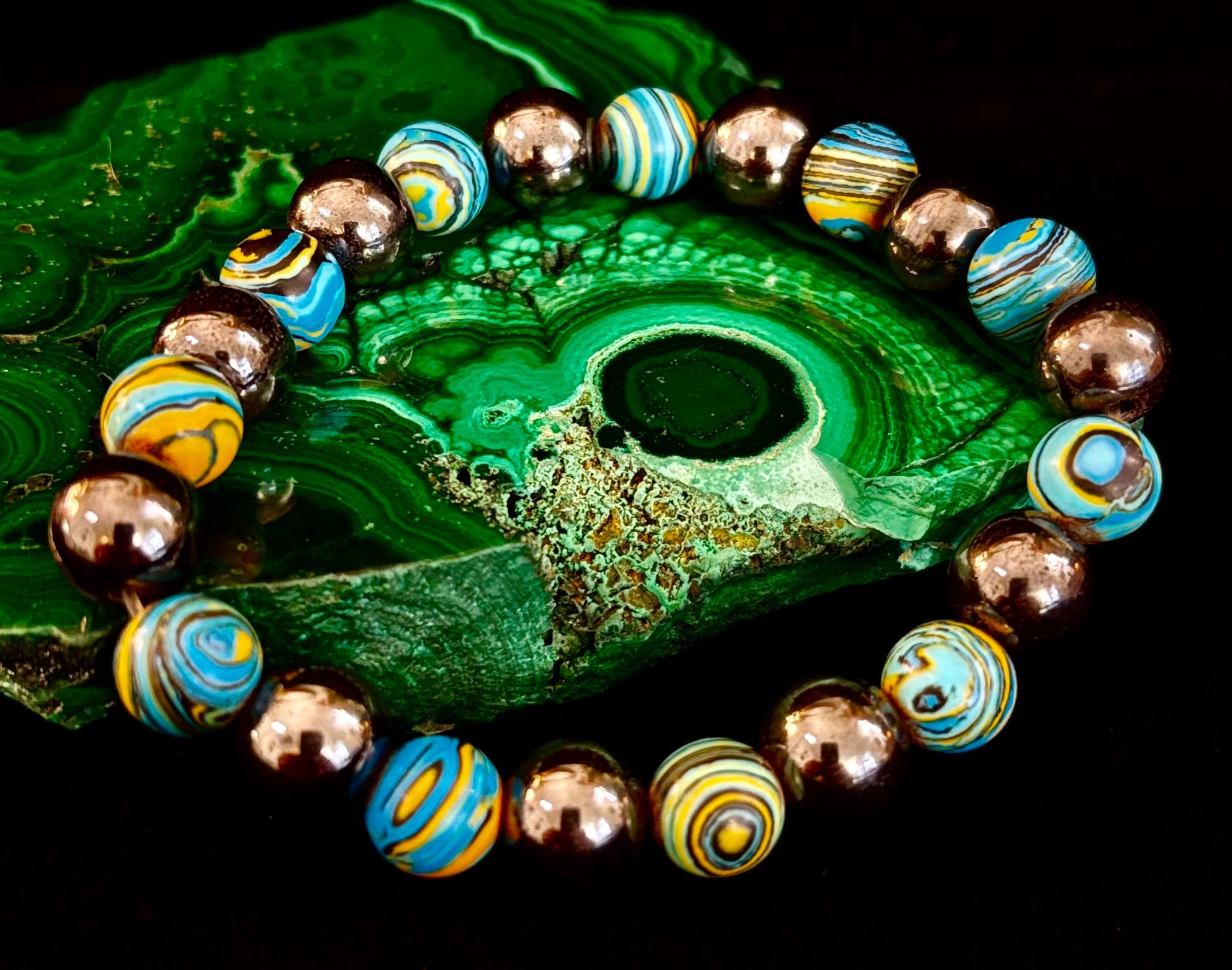Blue Peacock Malachite Stone Bracelet – XL Hematite Stretch Bracelet for Large Wrists | | Wiccan Center