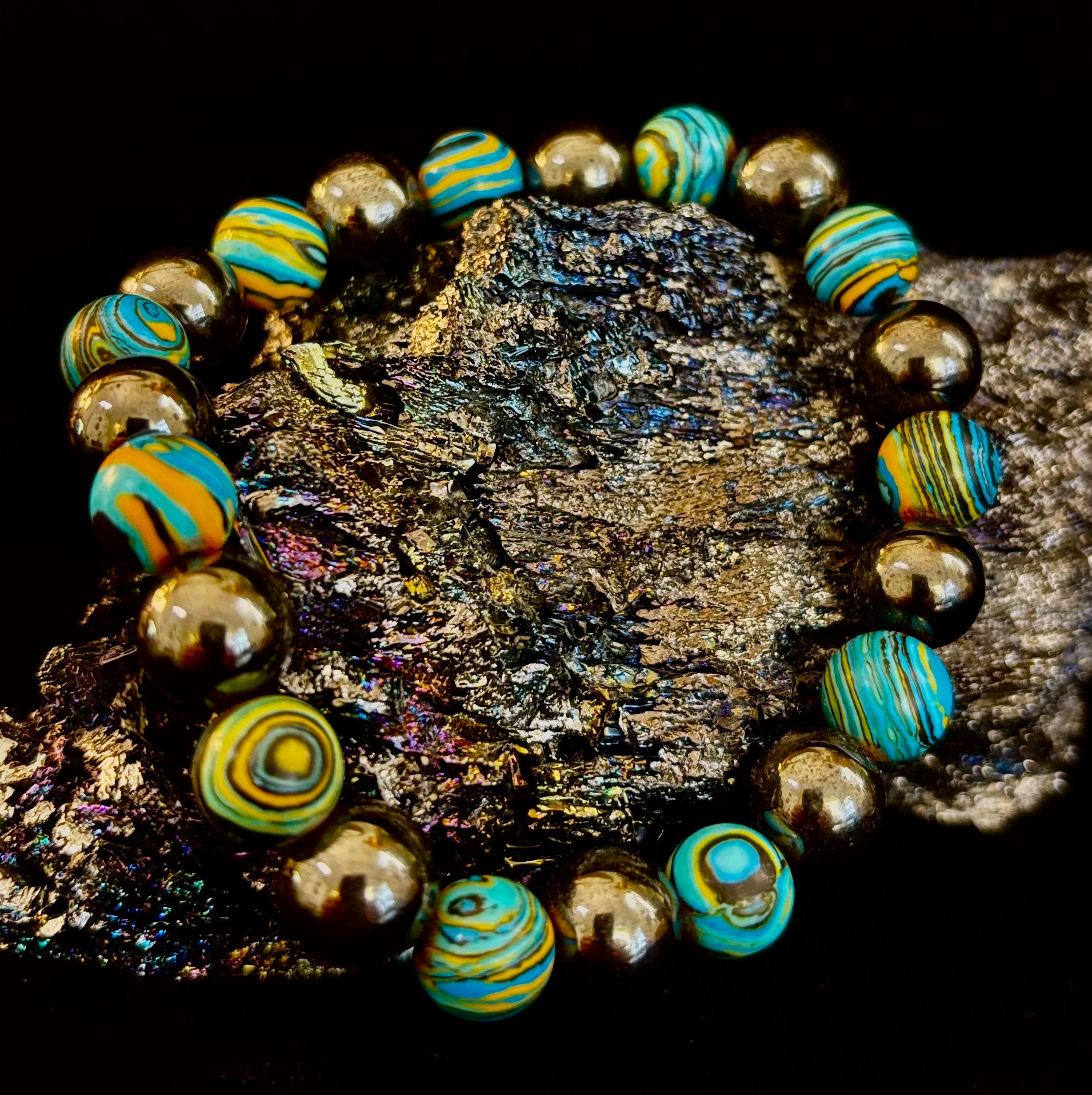 Blue Peacock Malachite Stone Bracelet – XL Hematite Stretch Bracelet for Large Wrists | | Wiccan Center