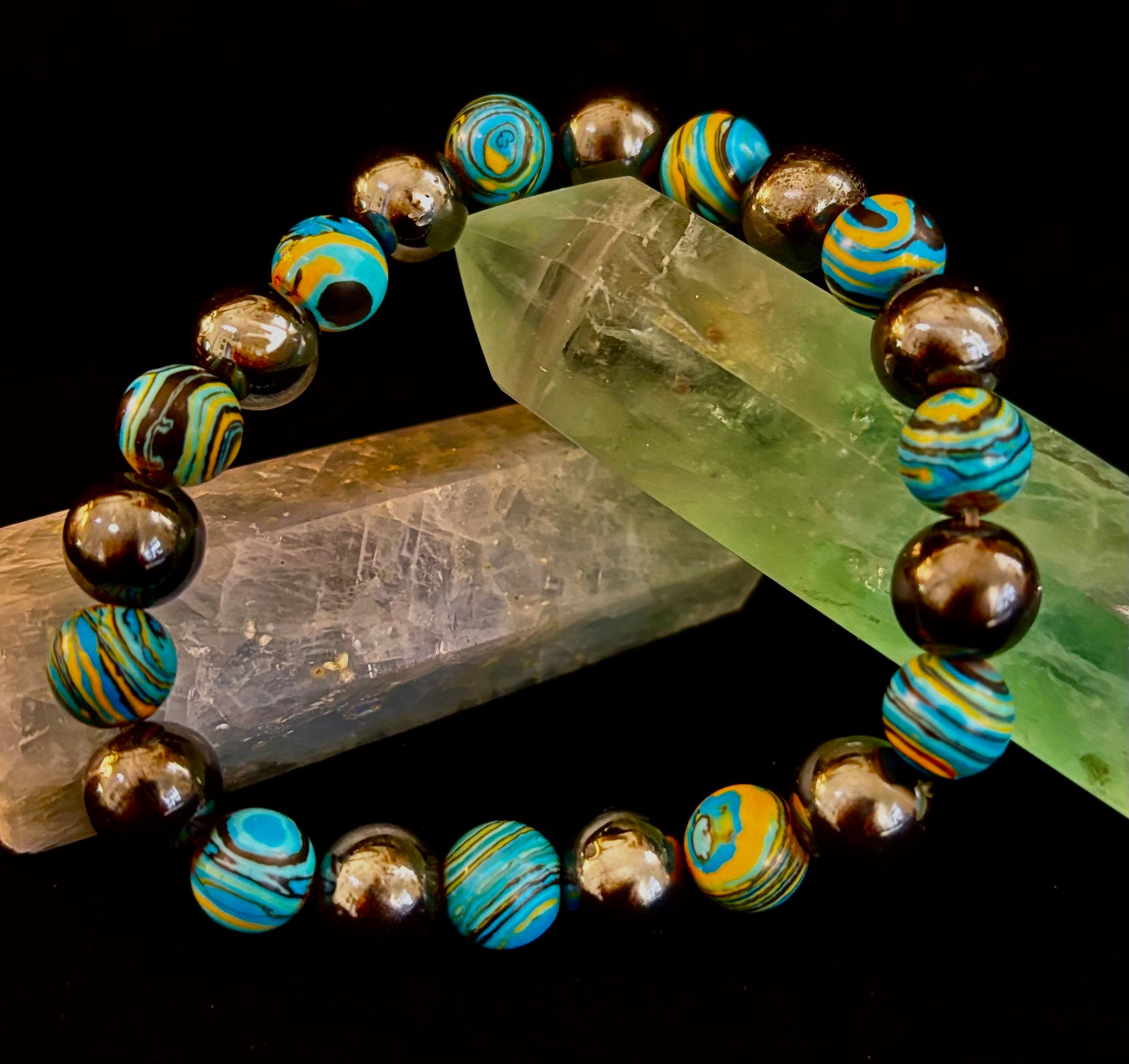 Blue Peacock Malachite Stone Bracelet – XL Hematite Stretch Bracelet for Large Wrists | | Wiccan Center