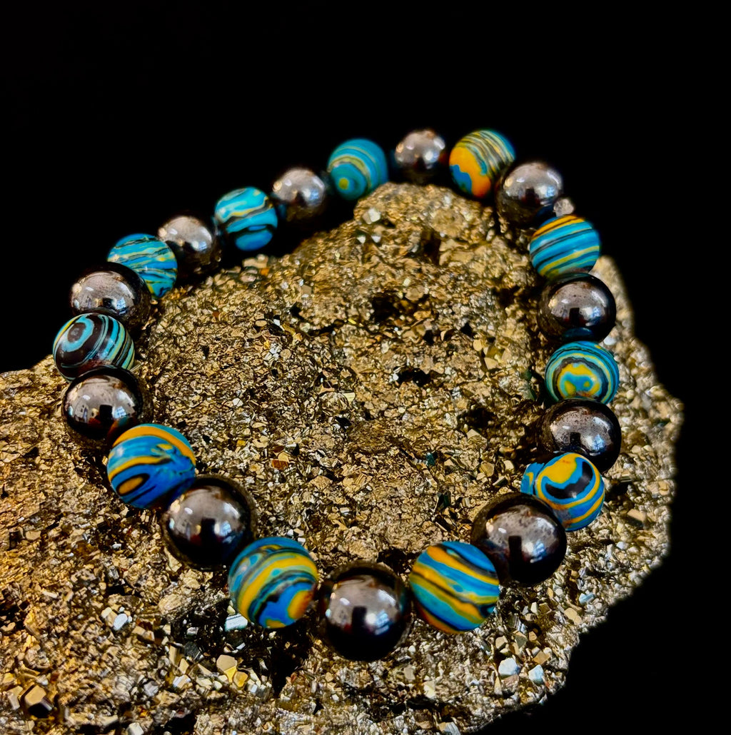 Blue Peacock Malachite Stone Bracelet – XL Hematite Stretch Bracelet for Large Wrists | | Wiccan Center