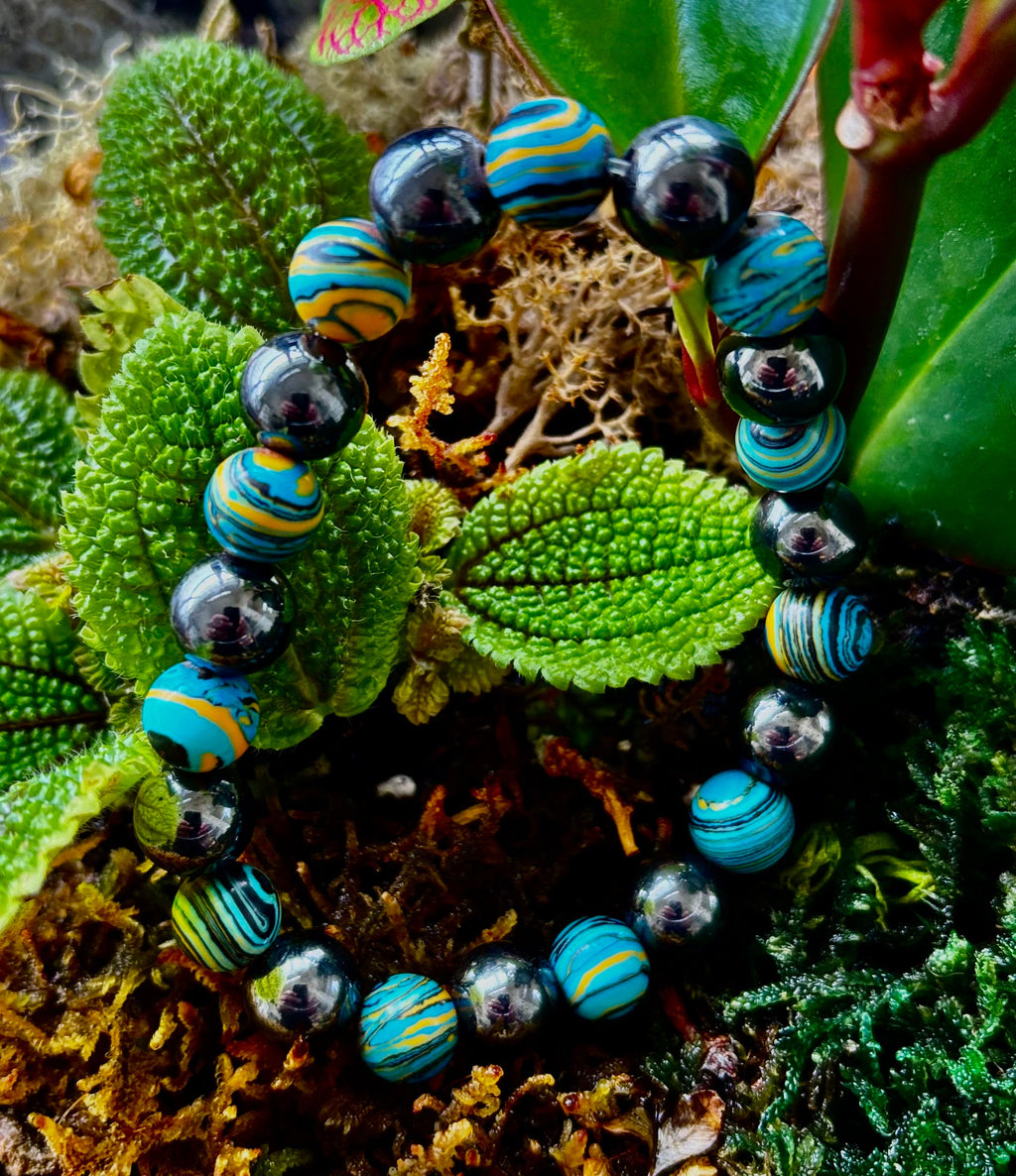 Blue Peacock Malachite Stone Bracelet – XL Hematite Stretch Bracelet for Large Wrists | | Wiccan Center