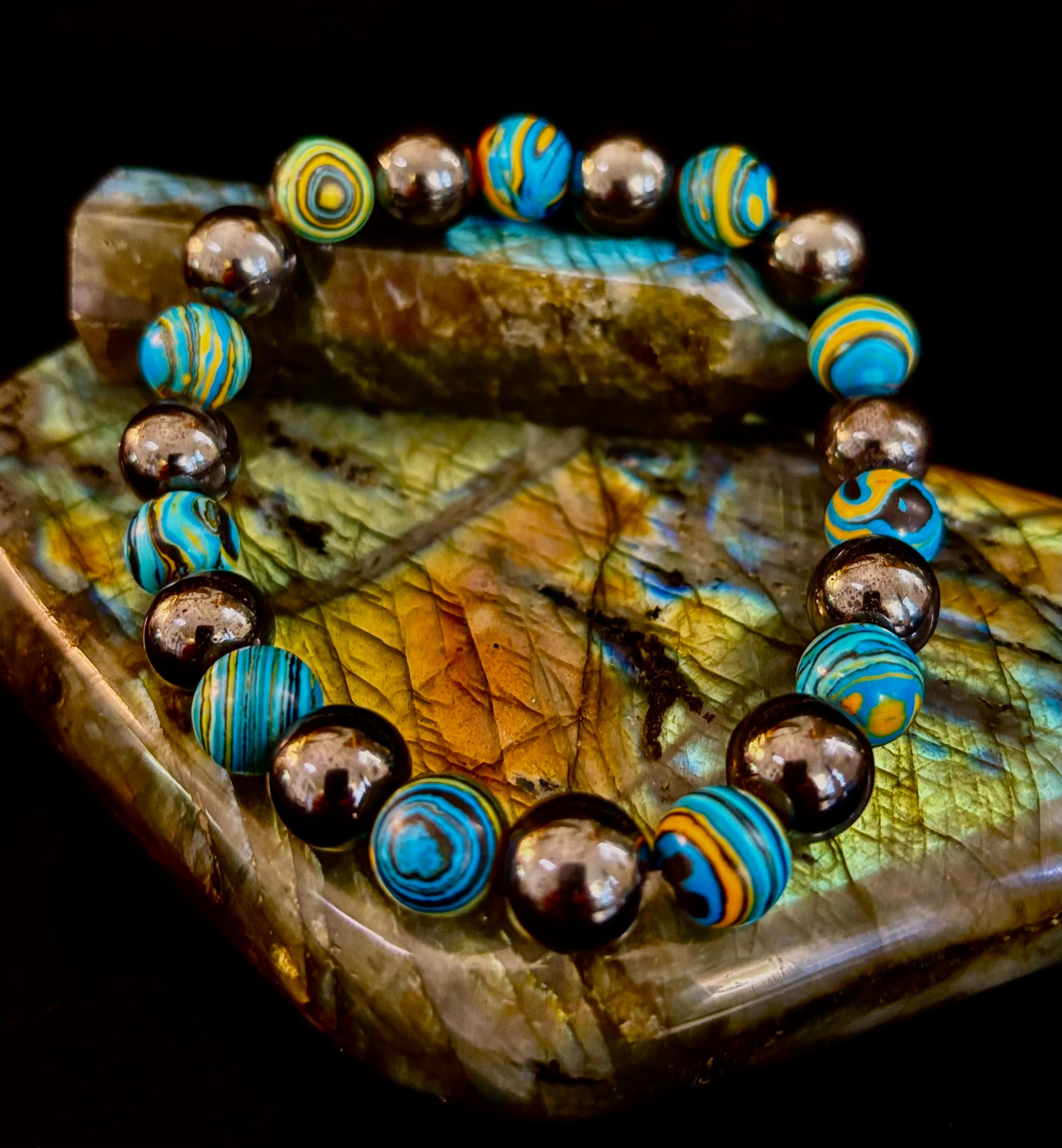 Blue Peacock Malachite Stone Bracelet – XL Hematite Stretch Bracelet for Large Wrists | | Wiccan Center