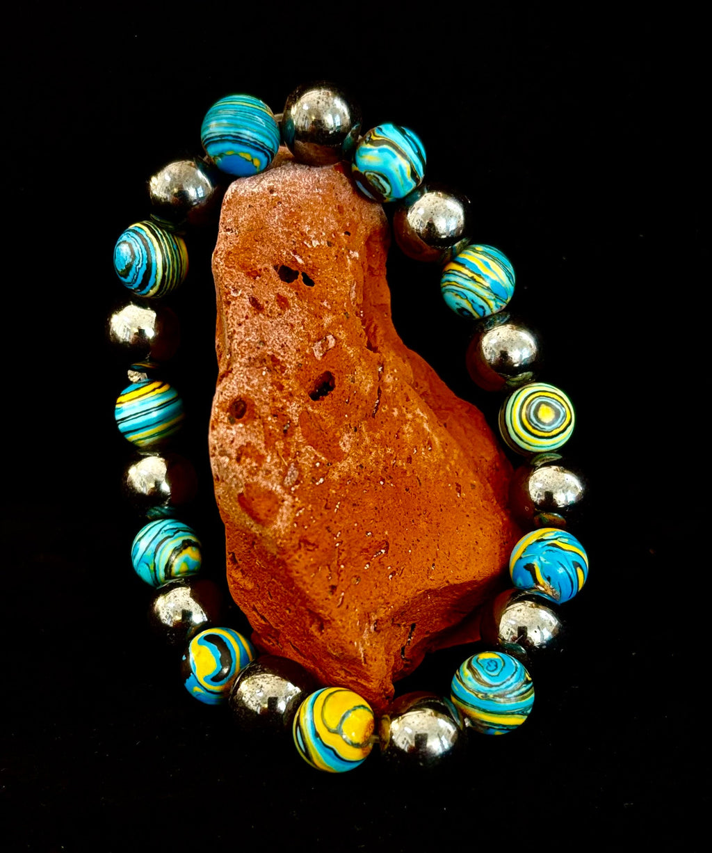 Blue Peacock Malachite Stone Bracelet – XL Hematite Stretch Bracelet for Large Wrists | | Wiccan Center