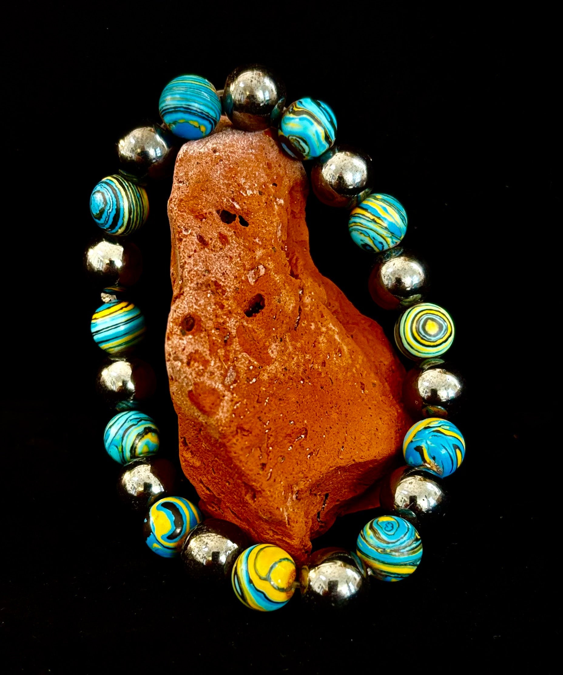 Blue Peacock Malachite Stone Bracelet – XL Hematite Stretch Bracelet for Large Wrists | | Wiccan Center