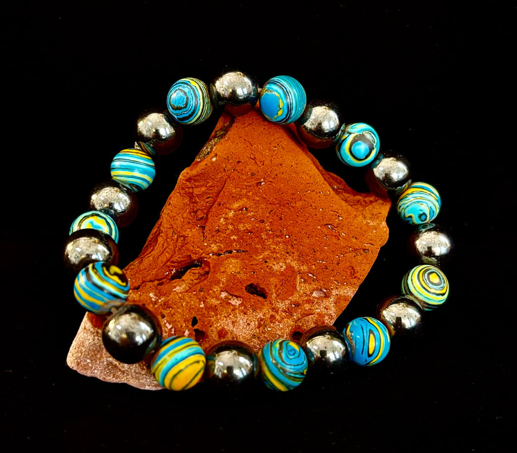 Blue Peacock Malachite Stone Bracelet – XL Hematite Stretch Bracelet for Large Wrists | | Wiccan Center