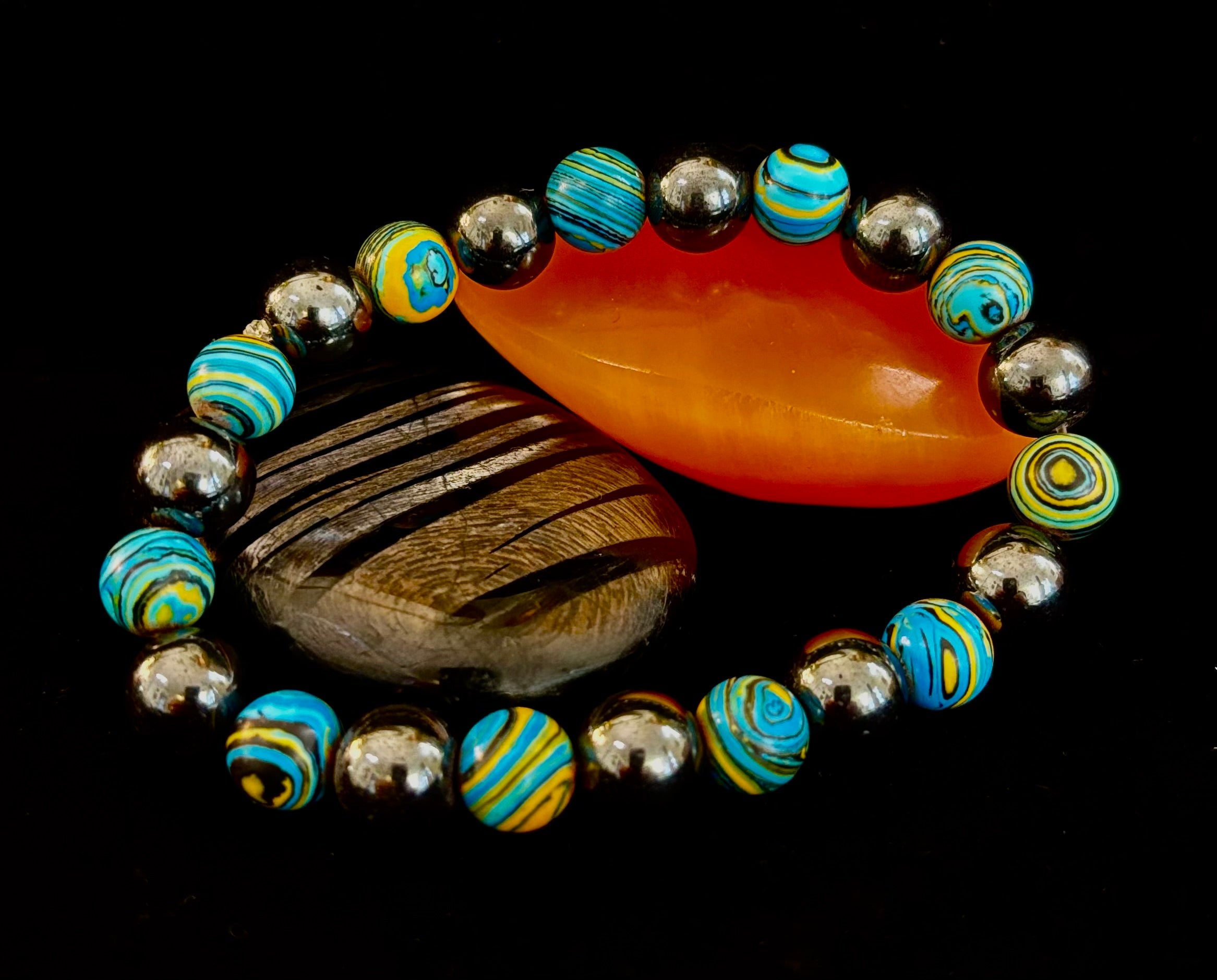Blue Peacock Malachite Stone Bracelet – XL Hematite Stretch Bracelet for Large Wrists | | Wiccan Center