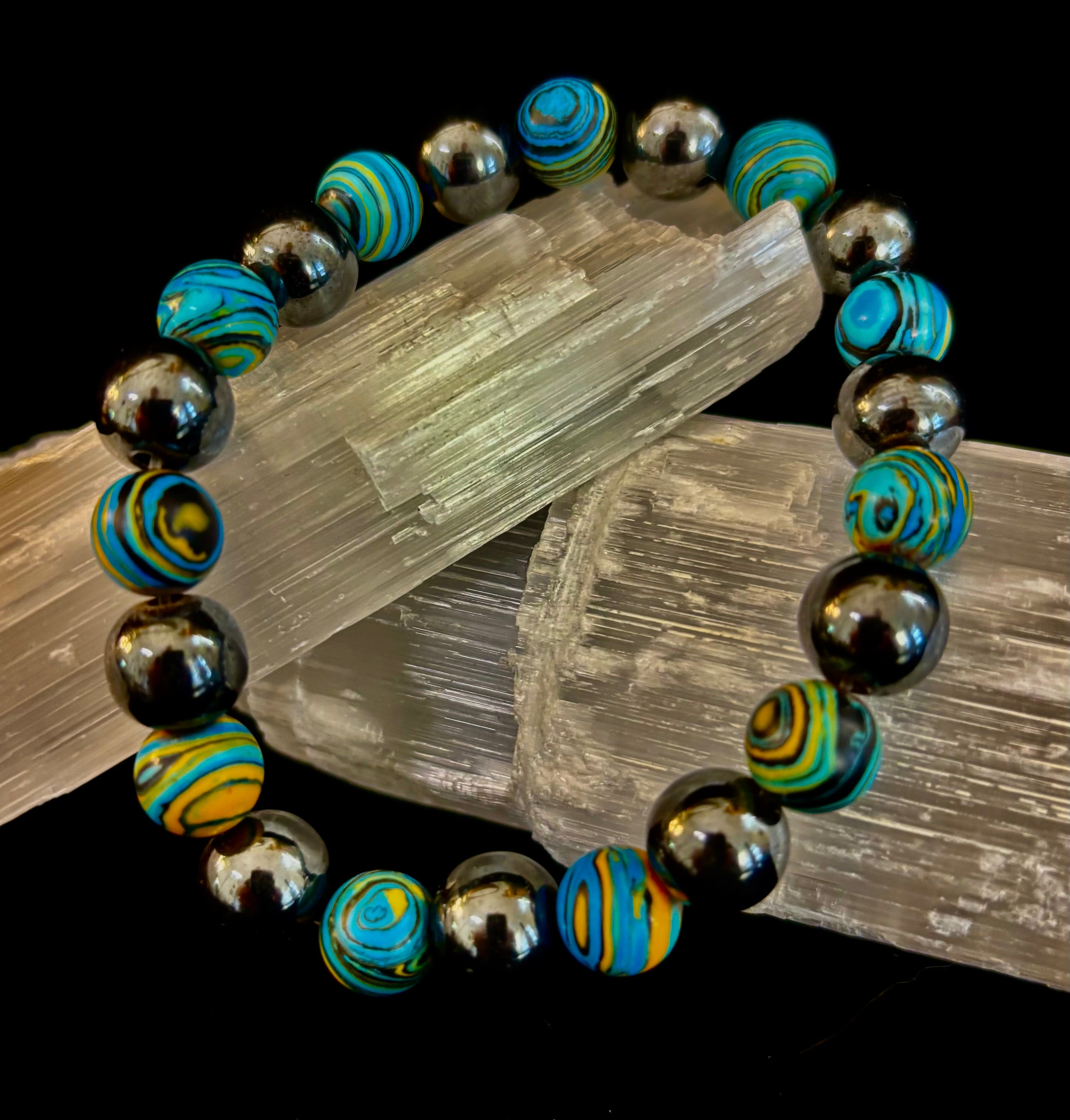 Blue Peacock Malachite Stone Bracelet – XL Hematite Stretch Bracelet for Large Wrists | | Wiccan Center