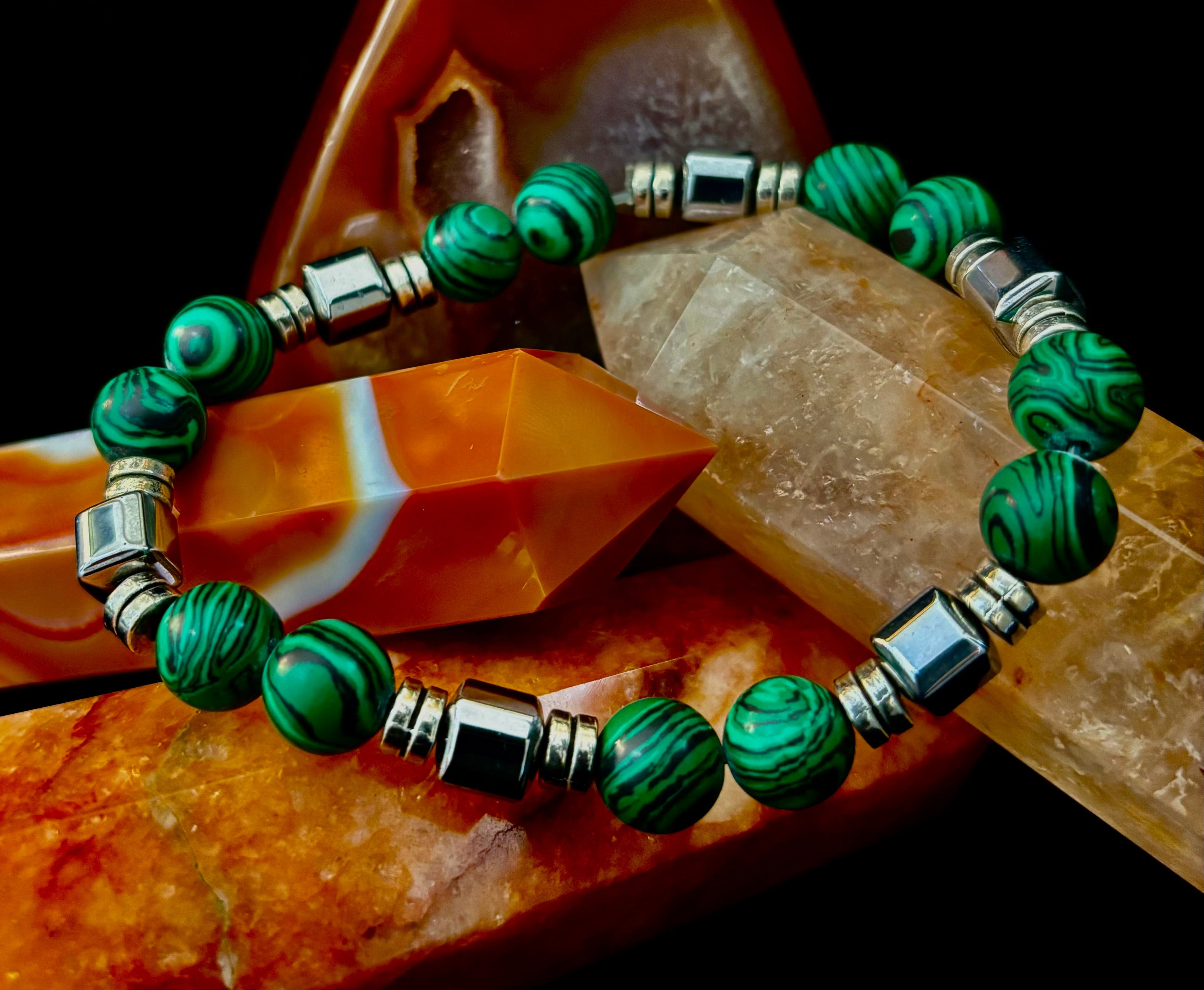 Emerald Malachite Energy Bracelet – XL Natural Stone Bracelet Handmade in Puerto Vallarta | | Wiccan Center
