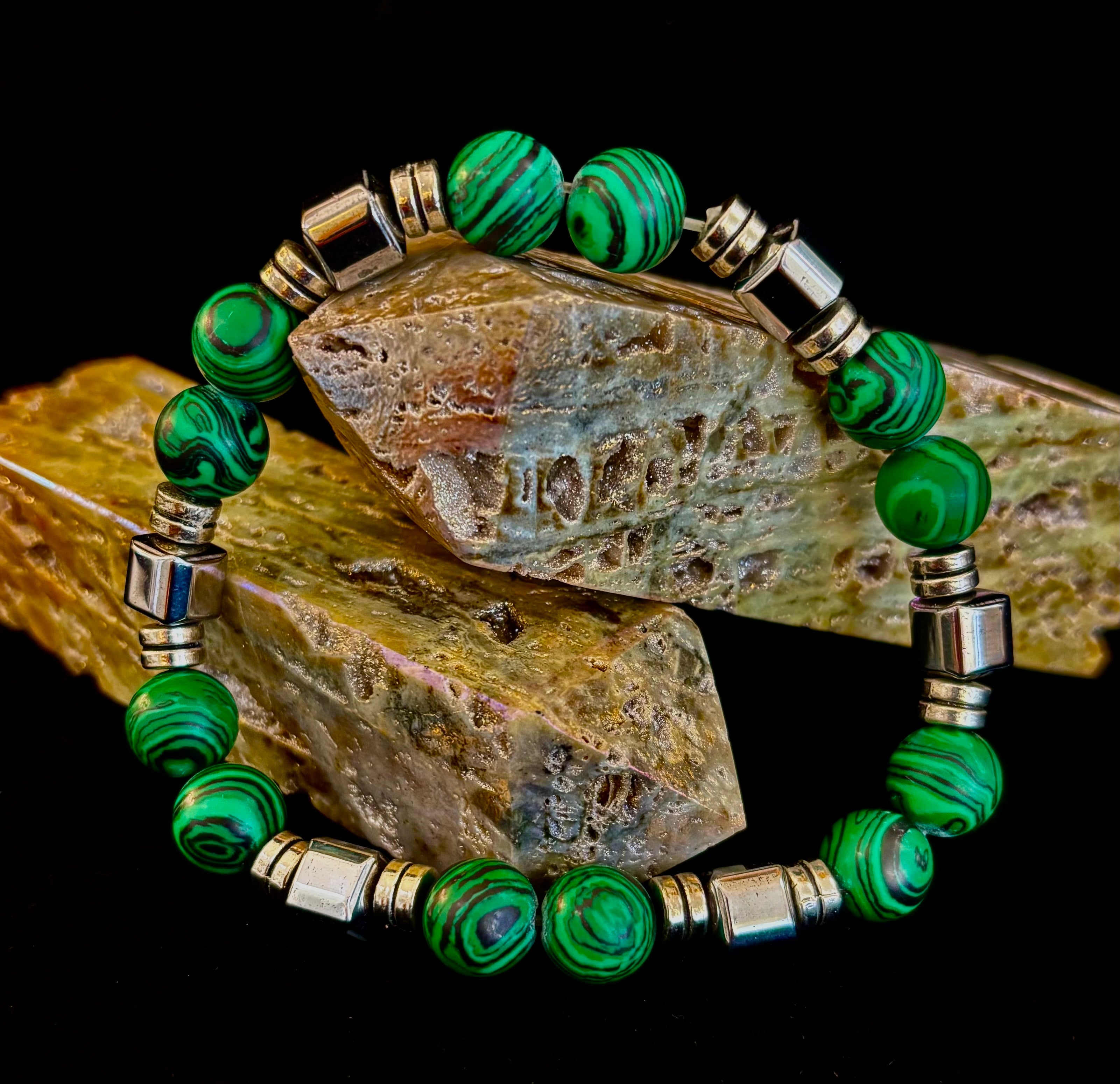 Emerald Malachite Energy Bracelet – XL Natural Stone Bracelet Handmade in Puerto Vallarta | | Wiccan Center