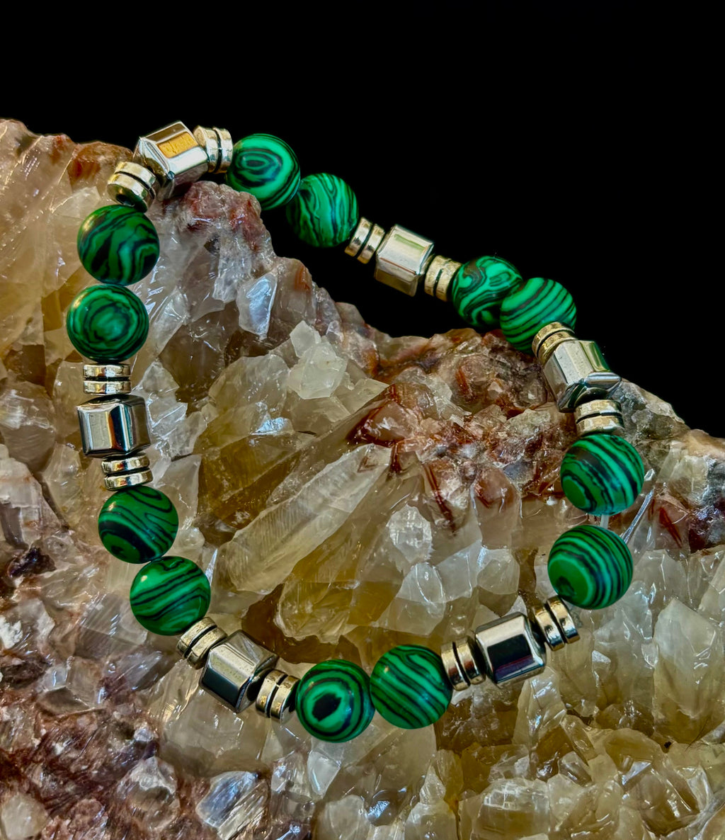 Emerald Malachite Energy Bracelet – XL Natural Stone Bracelet Handmade in Puerto Vallarta | | Wiccan Center