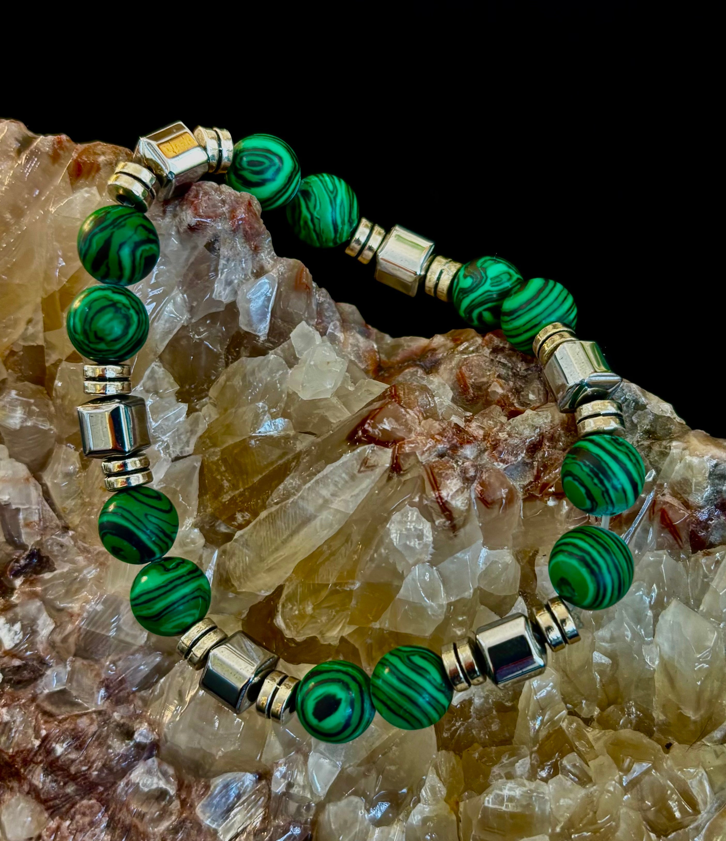 Emerald Malachite Energy Bracelet – XL Natural Stone Bracelet Handmade in Puerto Vallarta | | Wiccan Center