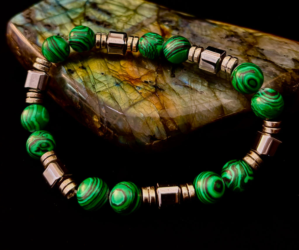 Emerald Malachite Energy Bracelet – XL Natural Stone Bracelet Handmade in Puerto Vallarta | | Wiccan Center