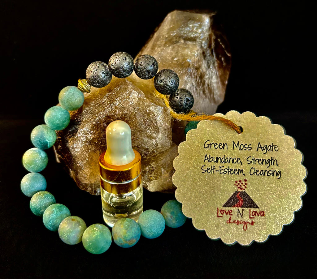 Matte Green Moss Agate Essential Oil Diffuser Bracelet (Large and XL Wrist Options) | | Wiccan Center