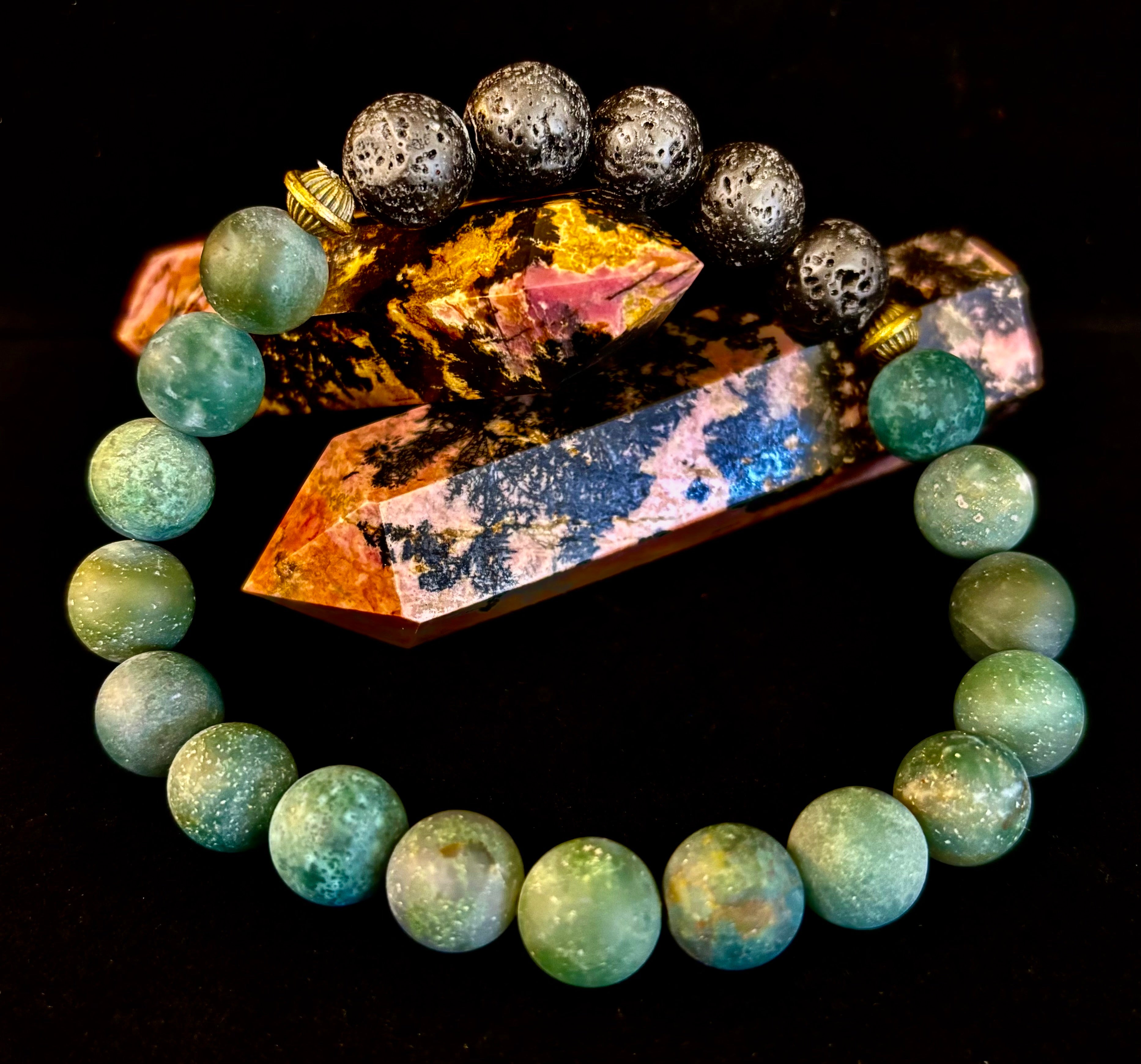 Matte Green Moss Agate Essential Oil Diffuser Bracelet (Large and XL Wrist Options) | | Wiccan Center