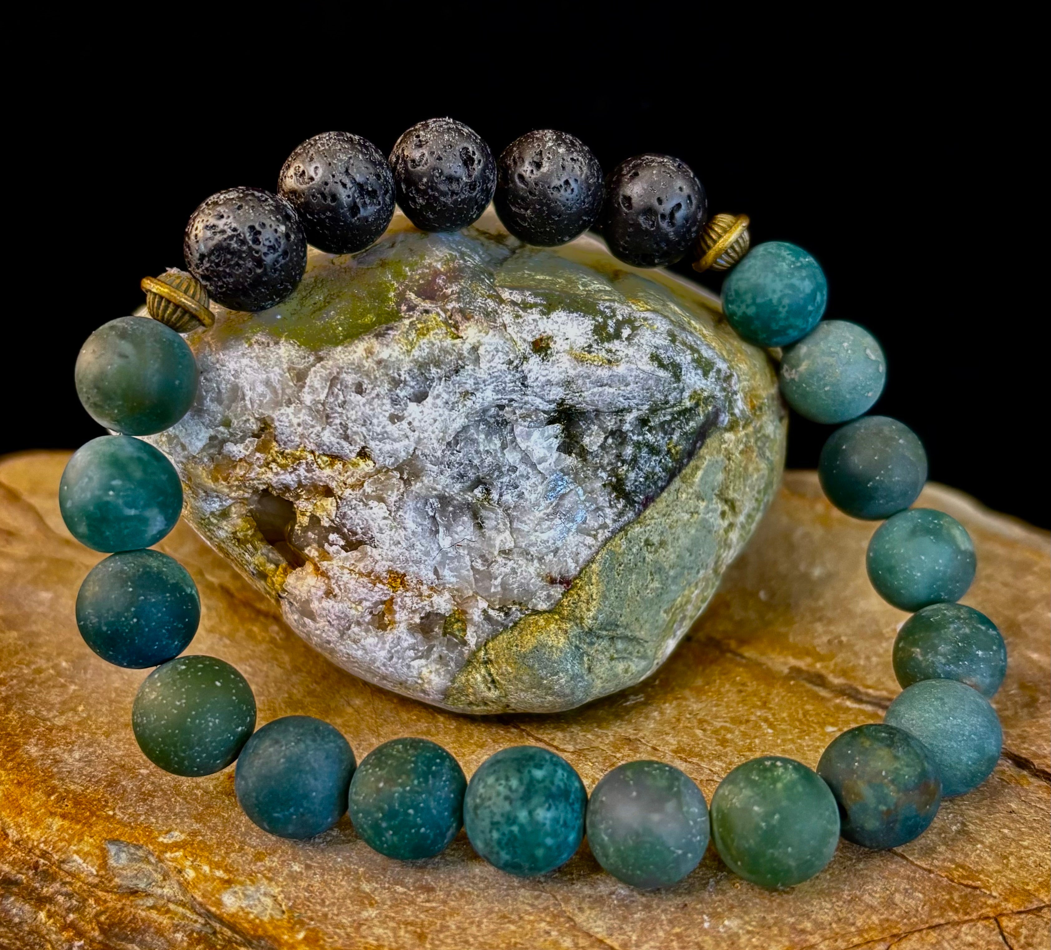Matte Green Moss Agate Essential Oil Diffuser Bracelet (Large and XL Wrist Options) | | Wiccan Center
