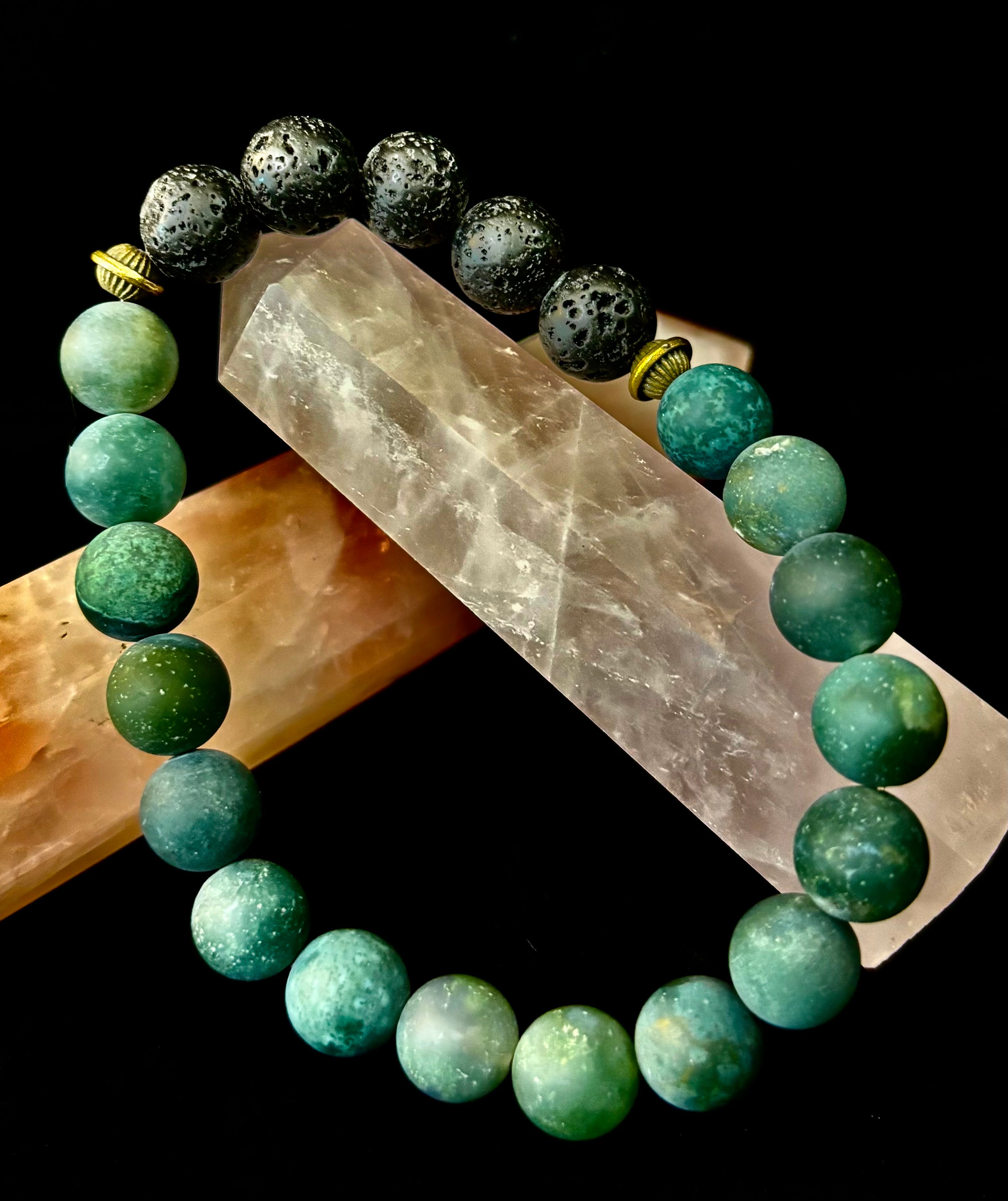 Matte Green Moss Agate Essential Oil Diffuser Bracelet (Large and XL Wrist Options) | | Wiccan Center
