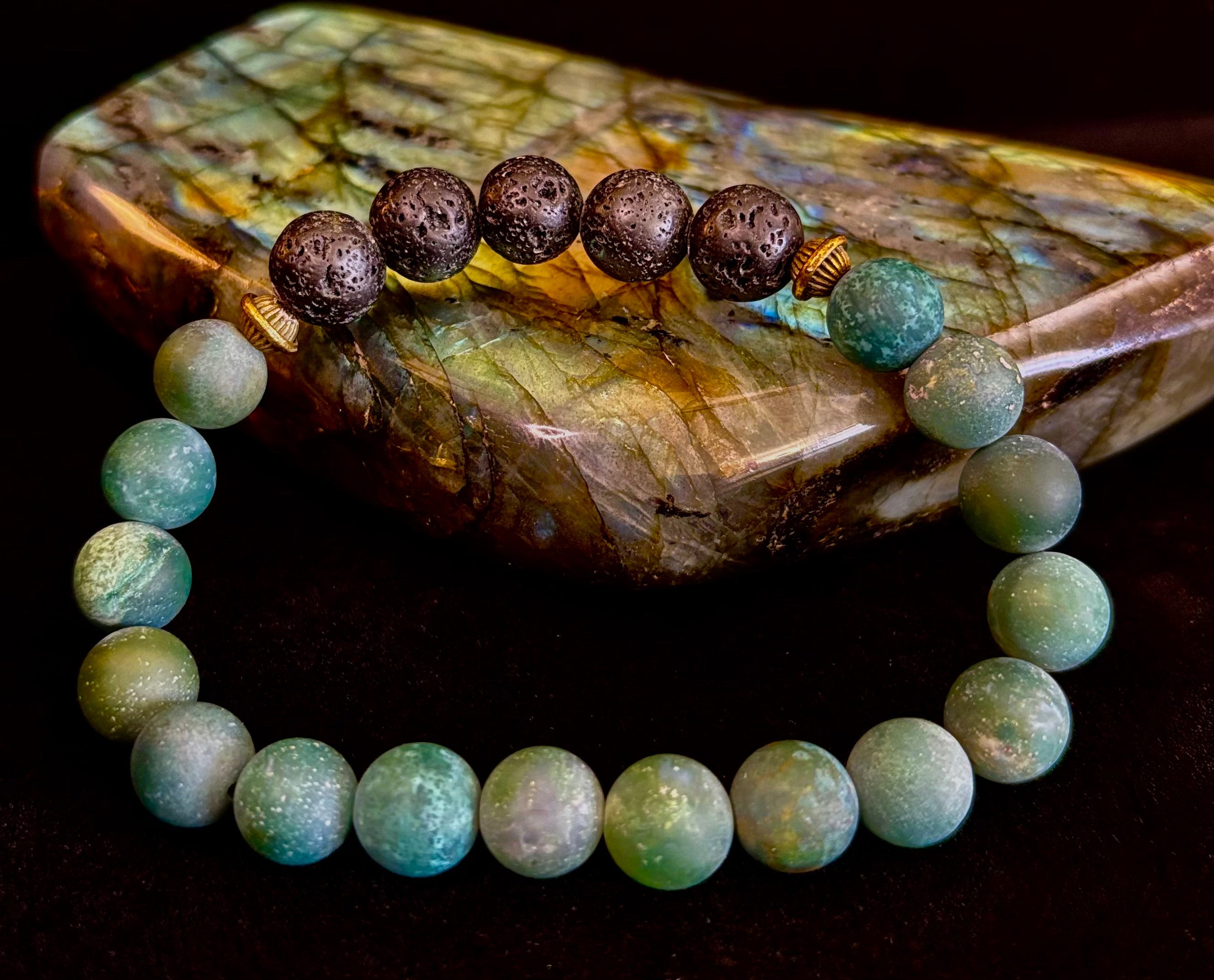 Matte Green Moss Agate Essential Oil Diffuser Bracelet (Large and XL Wrist Options) | | Wiccan Center
